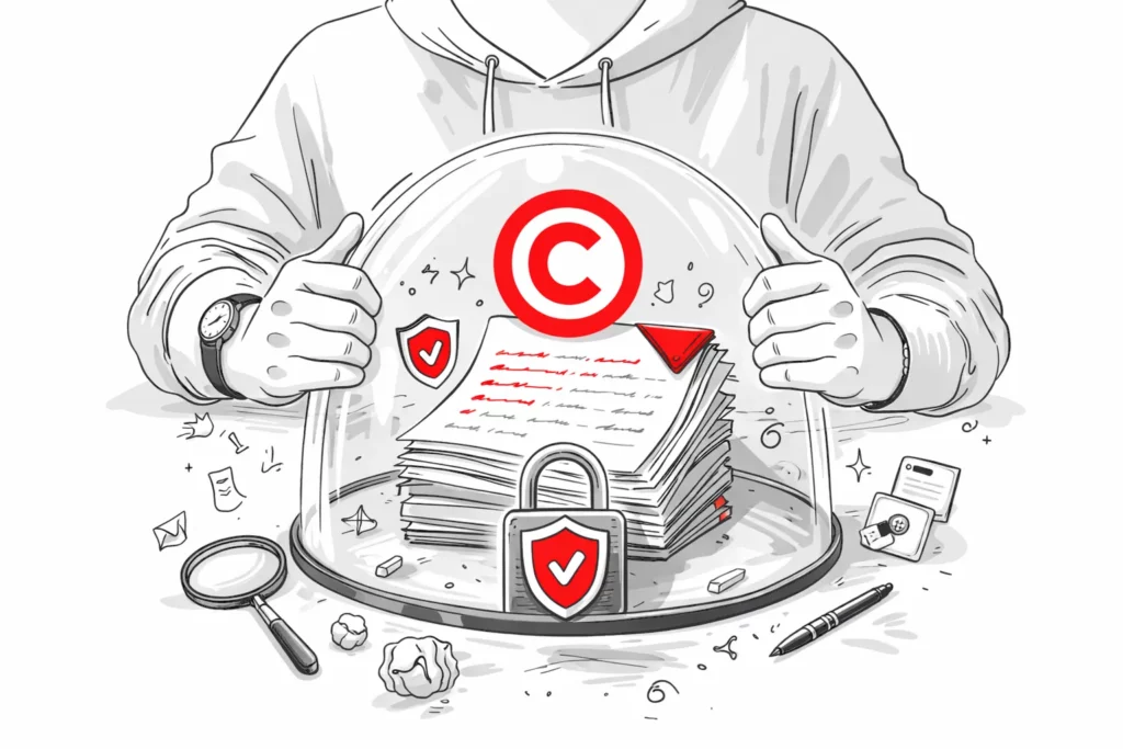Illustration représentant la protection d’un travail d’écriture grâce au droit d’auteur et à la sécurisation des documents