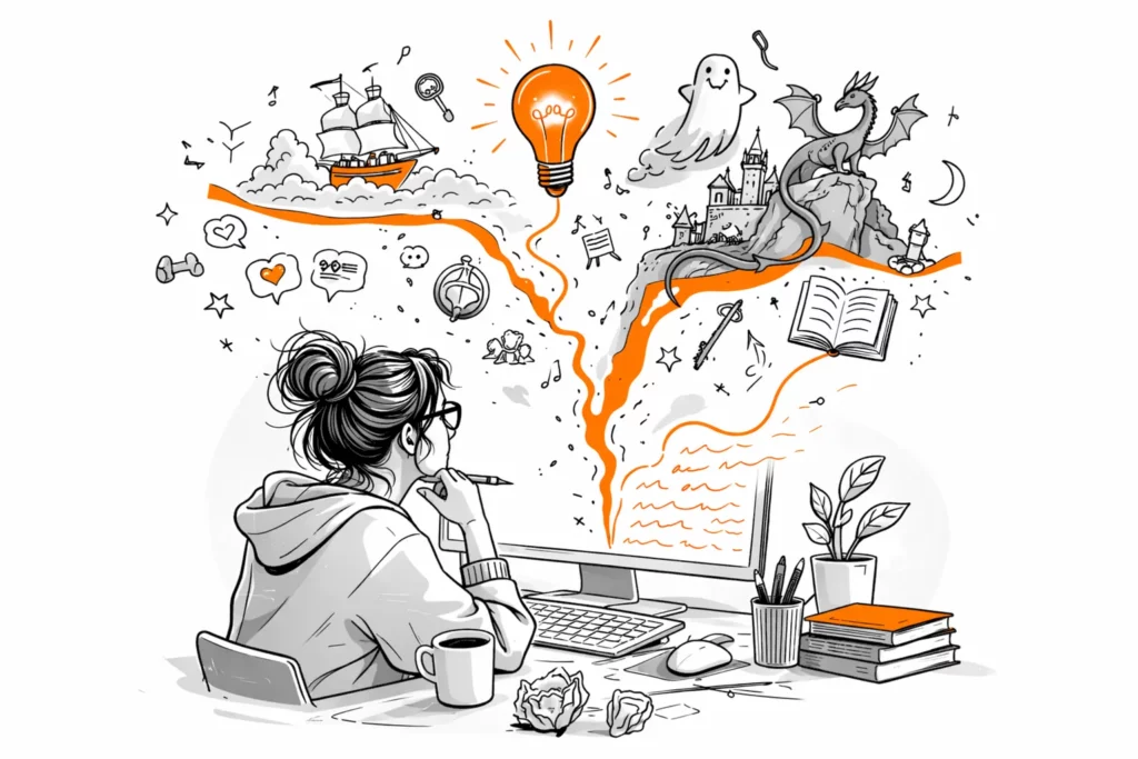 Illustration d’une écrivaine trouvant l’inspiration avec une ampoule et des idées créatives comme un dragon, un château et un bateau reliés par des lignes orange