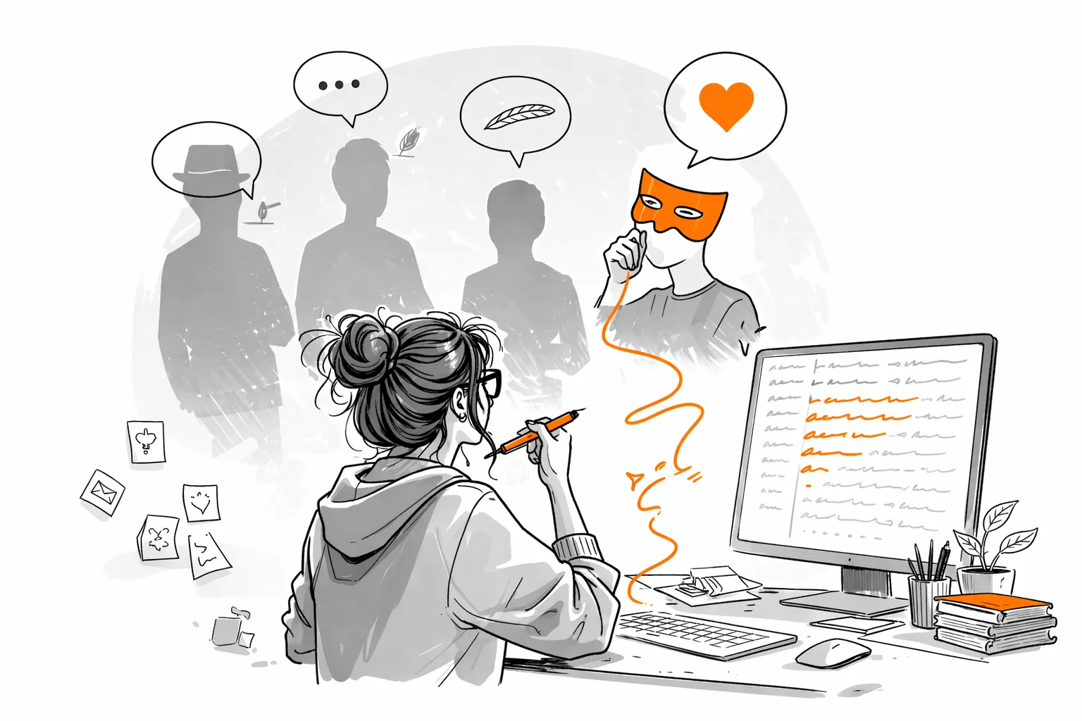 Illustration d’une écrivaine développant son style avec un masque symbolique, des idées et un texte en orange représentant sa voix unique