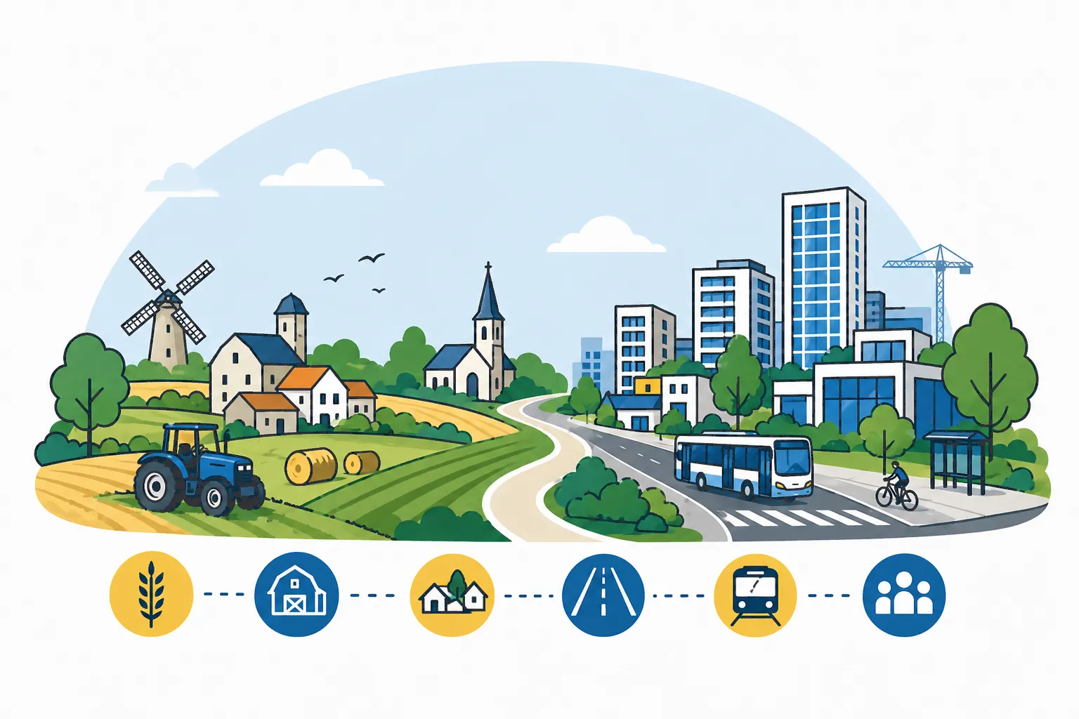 Transition d’un village agricole vers une ville moderne dans une illustration vectorielle