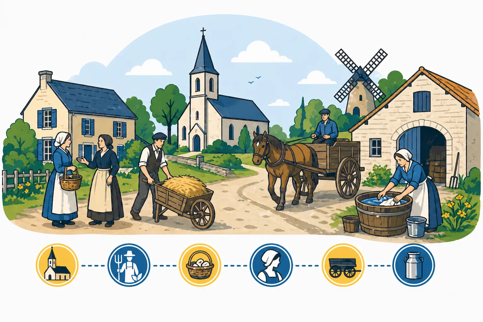Scène de vie rurale ancienne avec habitants travaillant dans un village