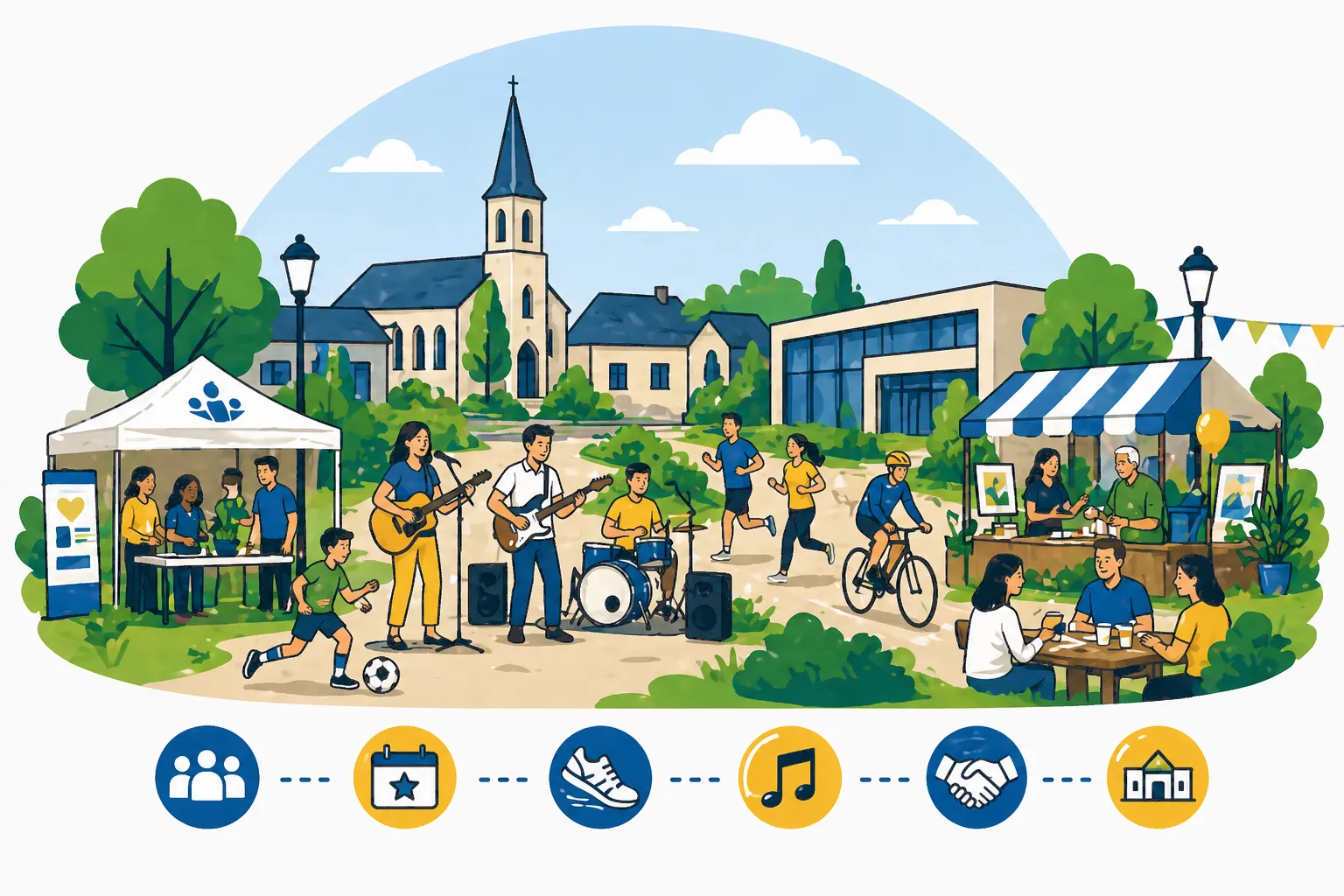 Scène animée d’événement local avec habitants, activités et associations