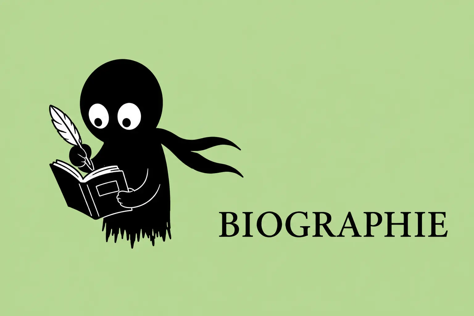 Mascotte Kiro écrivant dans un livre avec une plume sur fond vert, illustration de la section Biographie