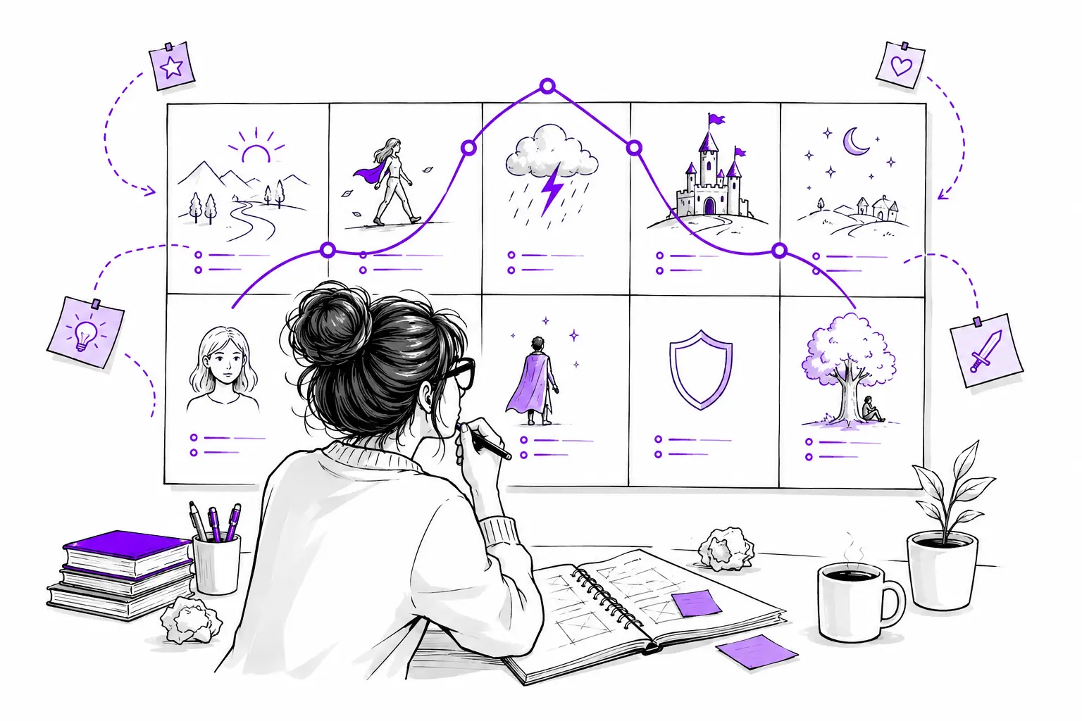 Illustration minimaliste d’une autrice utilisant une grille narrative pour organiser les étapes clés de son roman avec une courbe dramatique violette