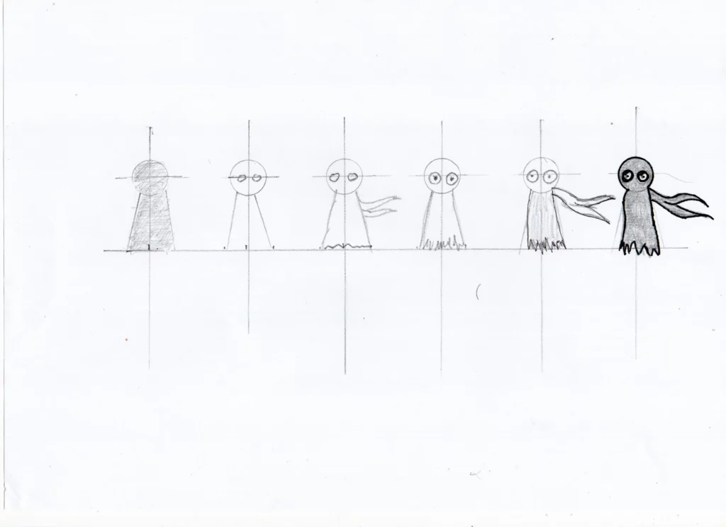 Évolution du design du personnage KIRO inspiré de la forme d’un trou de serrure, du croquis initial à la version finale.
