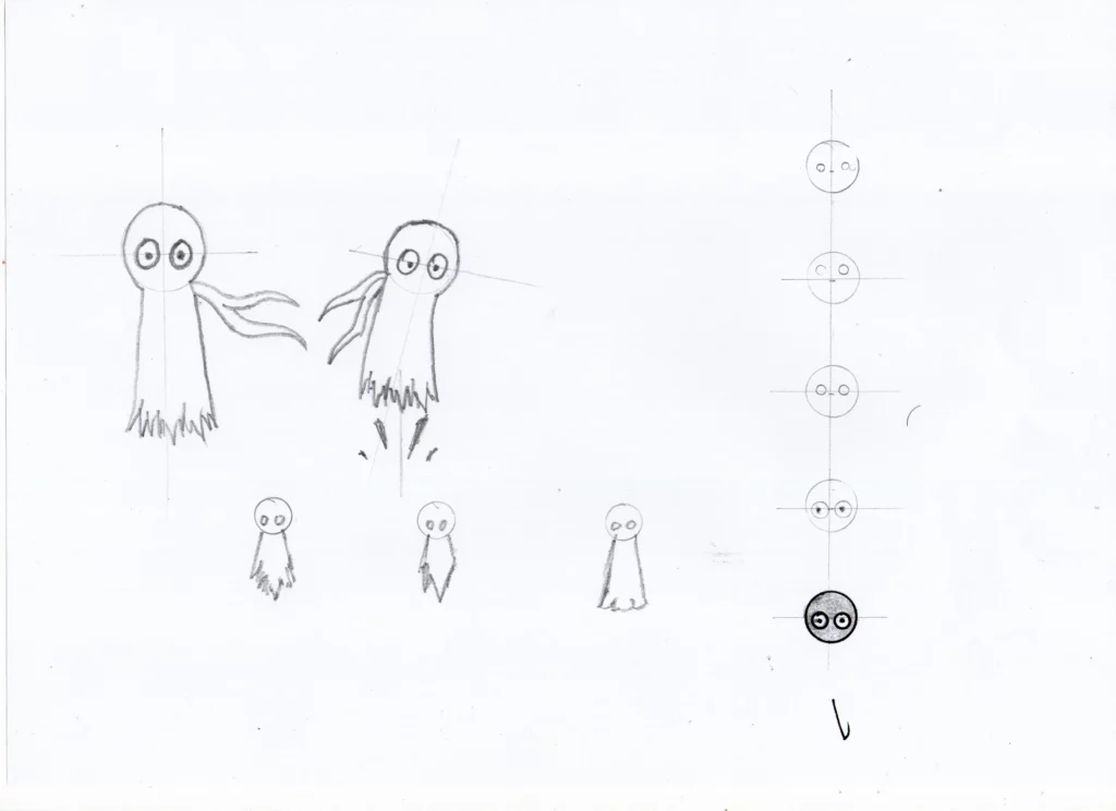 Croquis et recherches graphiques du personnage KIRO montrant différentes variantes de silhouette, d’yeux et de proportions.