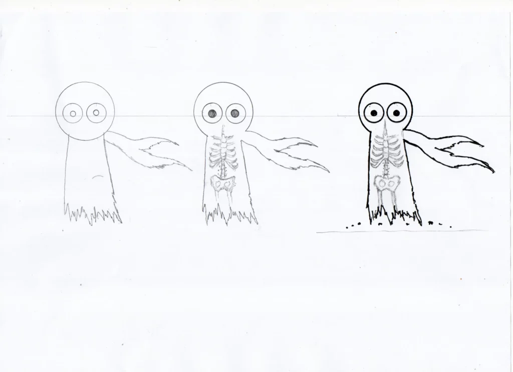 Croquis du personnage KIRO avec une version anatomique révélant un squelette à l’intérieur de son corps.