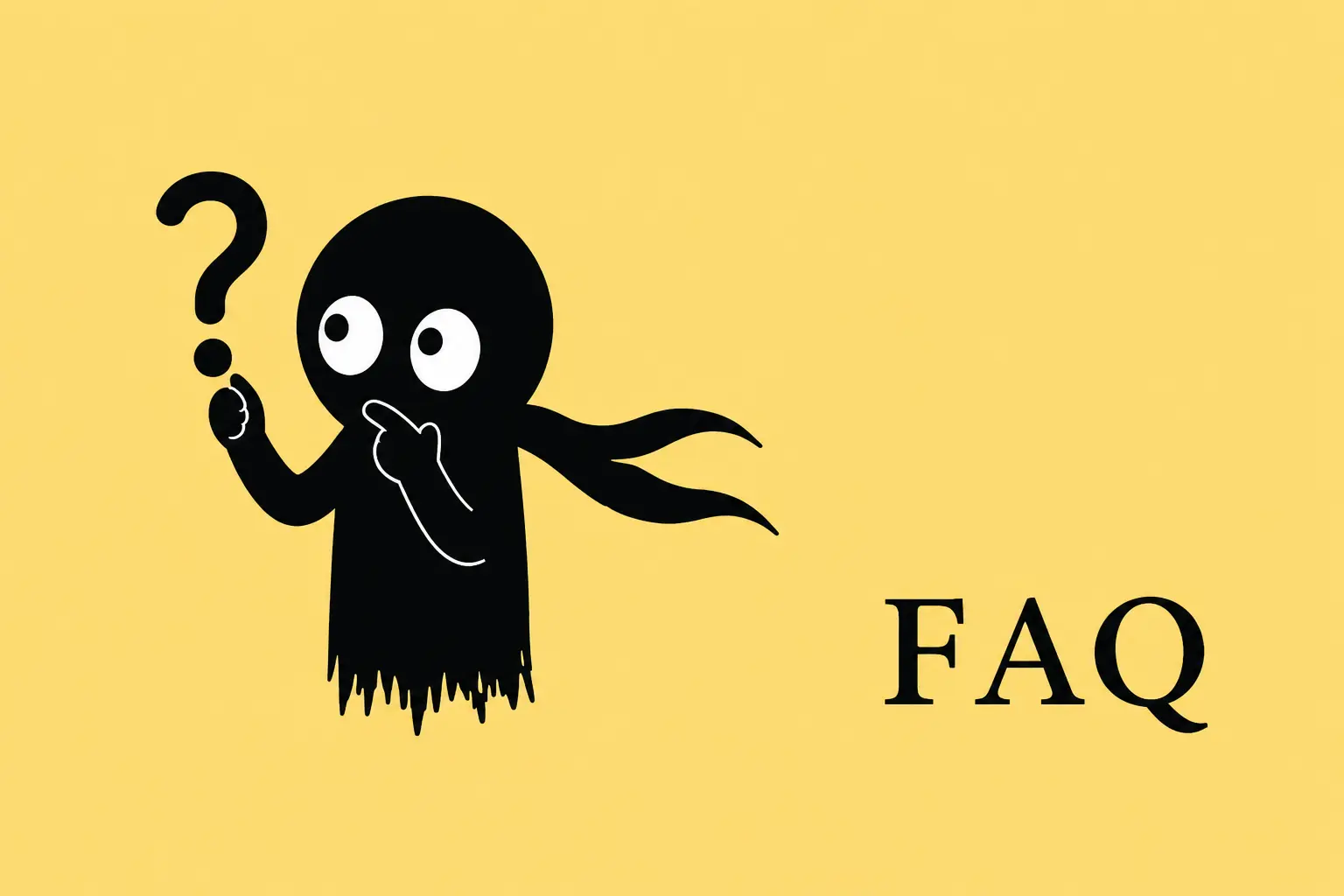 Mascotte Kiro sur fond jaune, avec point d’interrogation, illustrant la section FAQ