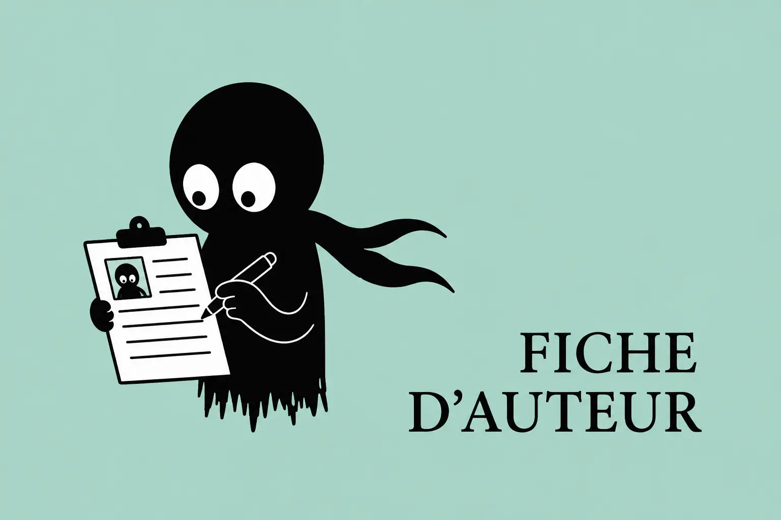 Mascotte Kiro remplissant une fiche d’auteur sur un fond vert pastel avec le texte “Fiche d’auteur”
