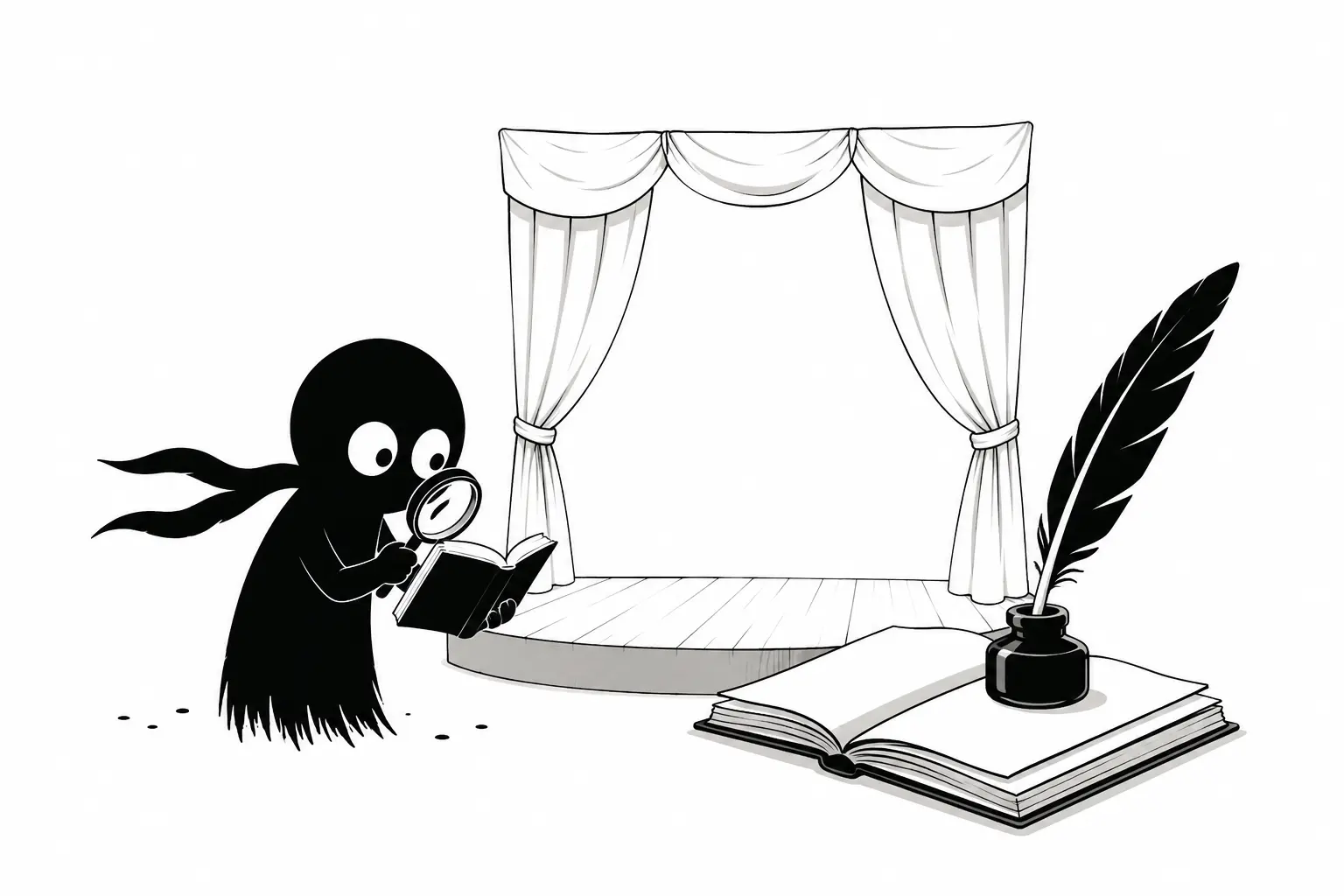 Kiro observe un manuscrit et une scène de théâtre dans une illustration minimaliste en noir et blanc inspirée du Fusil de Tchekhov