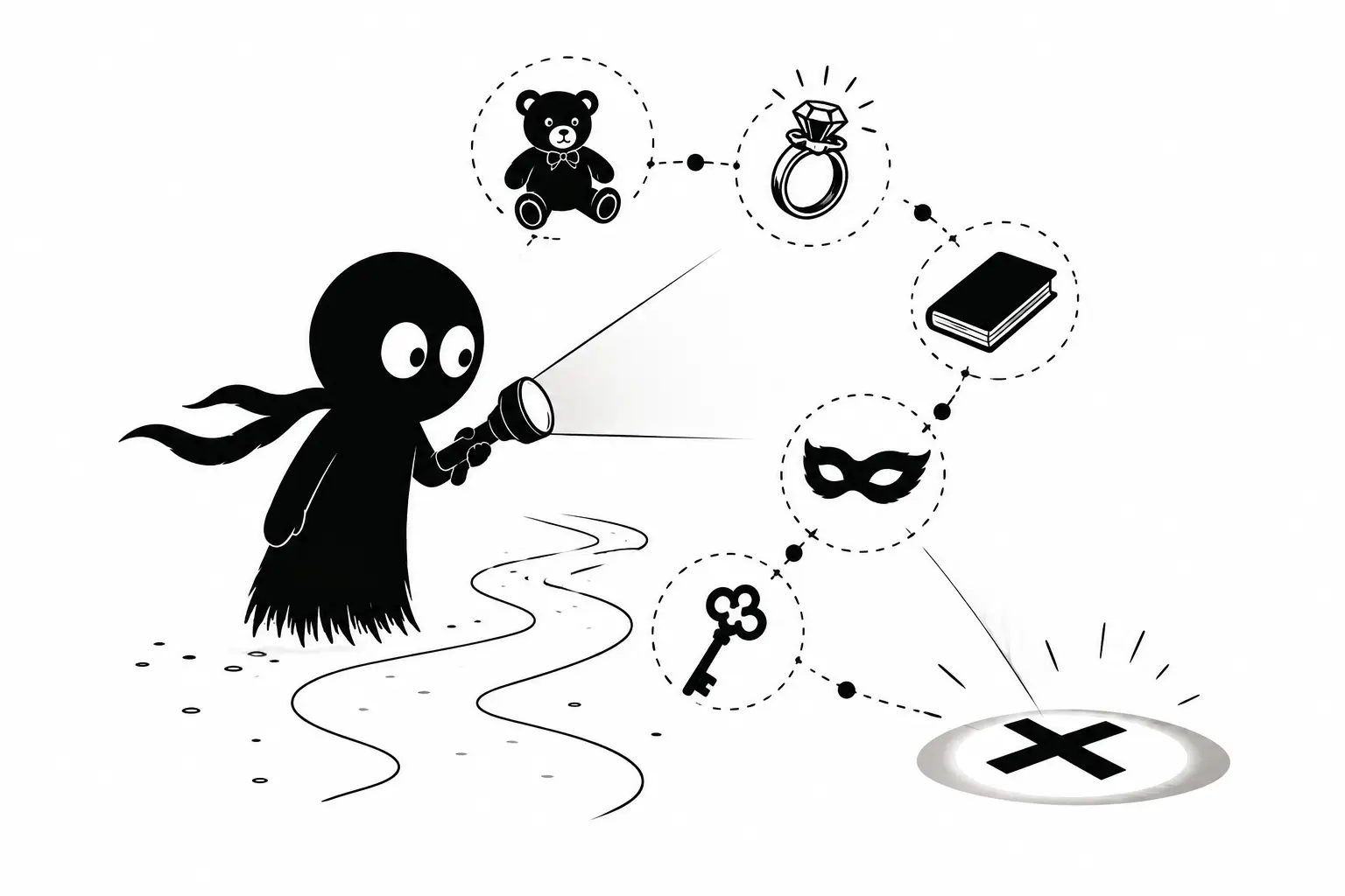Kiro éclaire des objets symboliques avec une lampe torche dans une illustration minimaliste représentant le contrat de confiance narratif