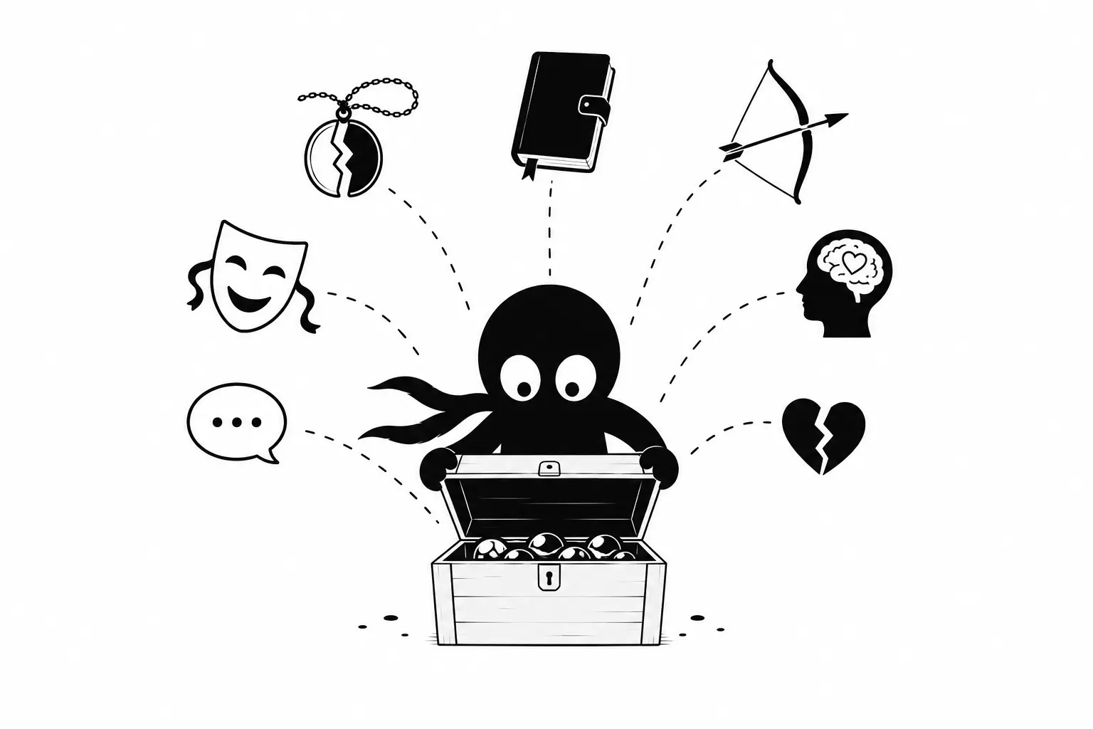 Kiro ouvre un coffre rempli d’éléments narratifs symboliques dans une illustration minimaliste inspirée du Fusil de Tchekhov