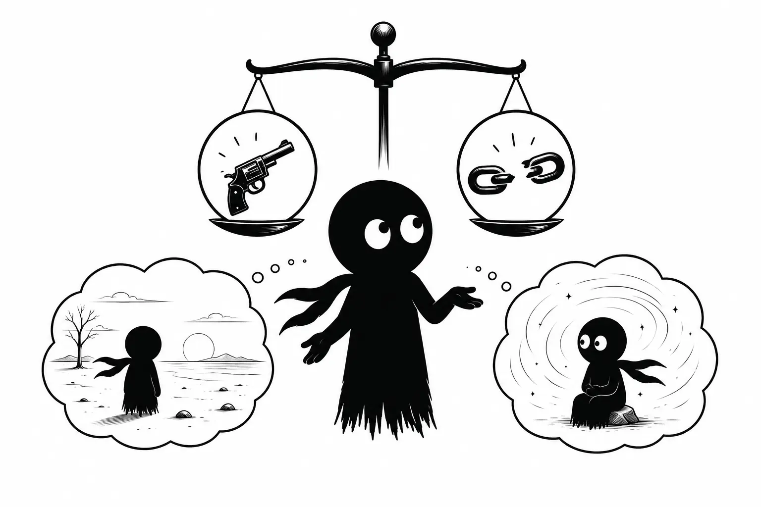 Kiro hésite devant un fusil silencieux et des symboles d’absence dans une illustration sur la subversion narrative