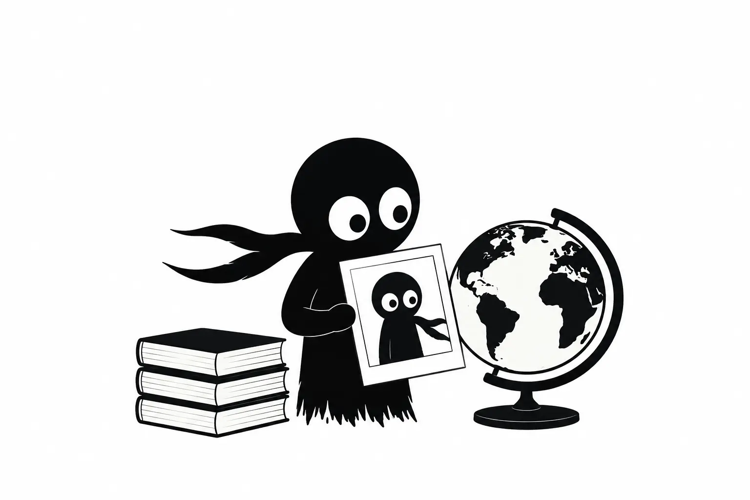 Kiro tient son portrait devant un globe et une pile de livres sur fond blanc minimaliste