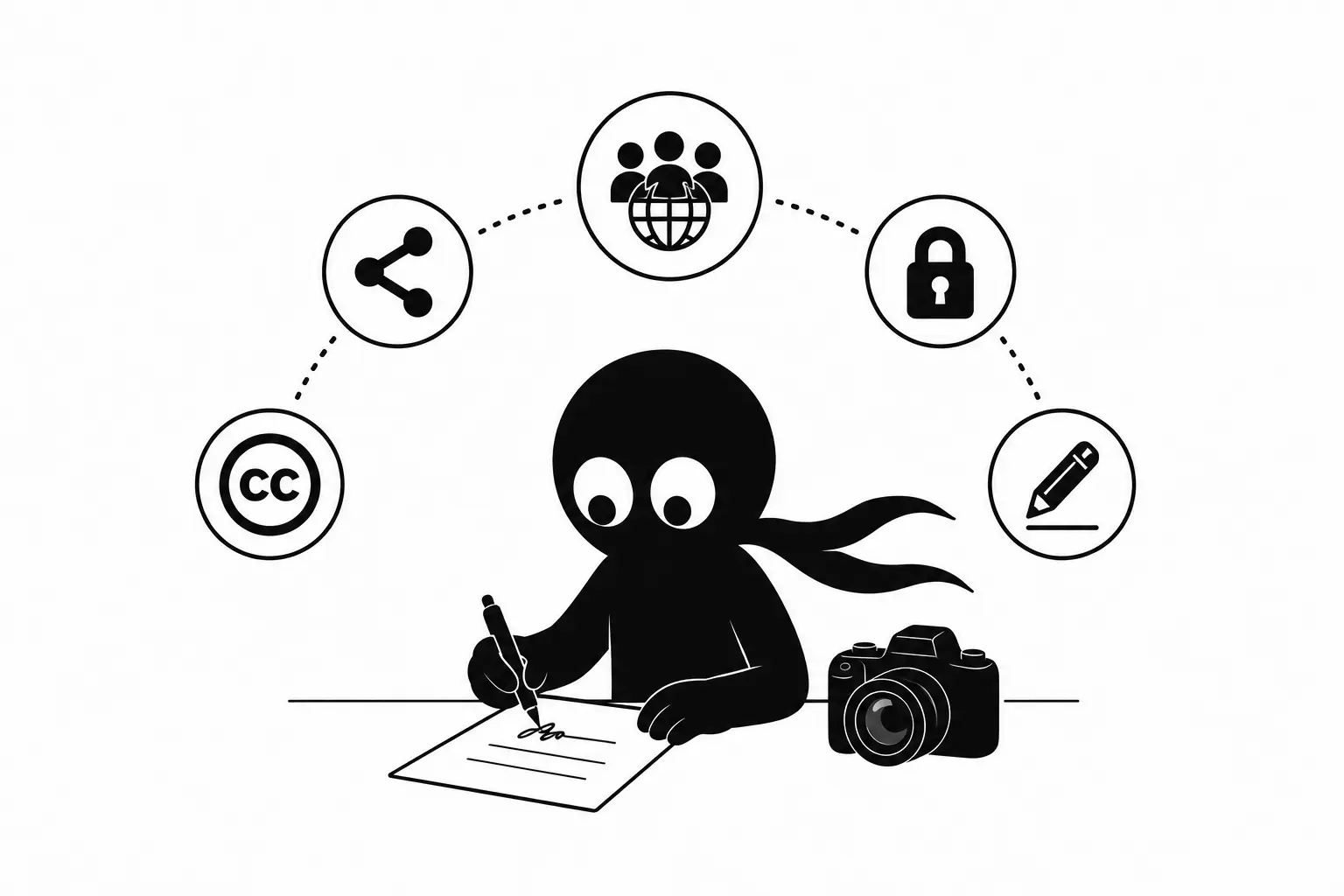 Kiro signe une licence libre devant des symboles de partage, de communauté et de protection des droits sur Wikimedia Commons