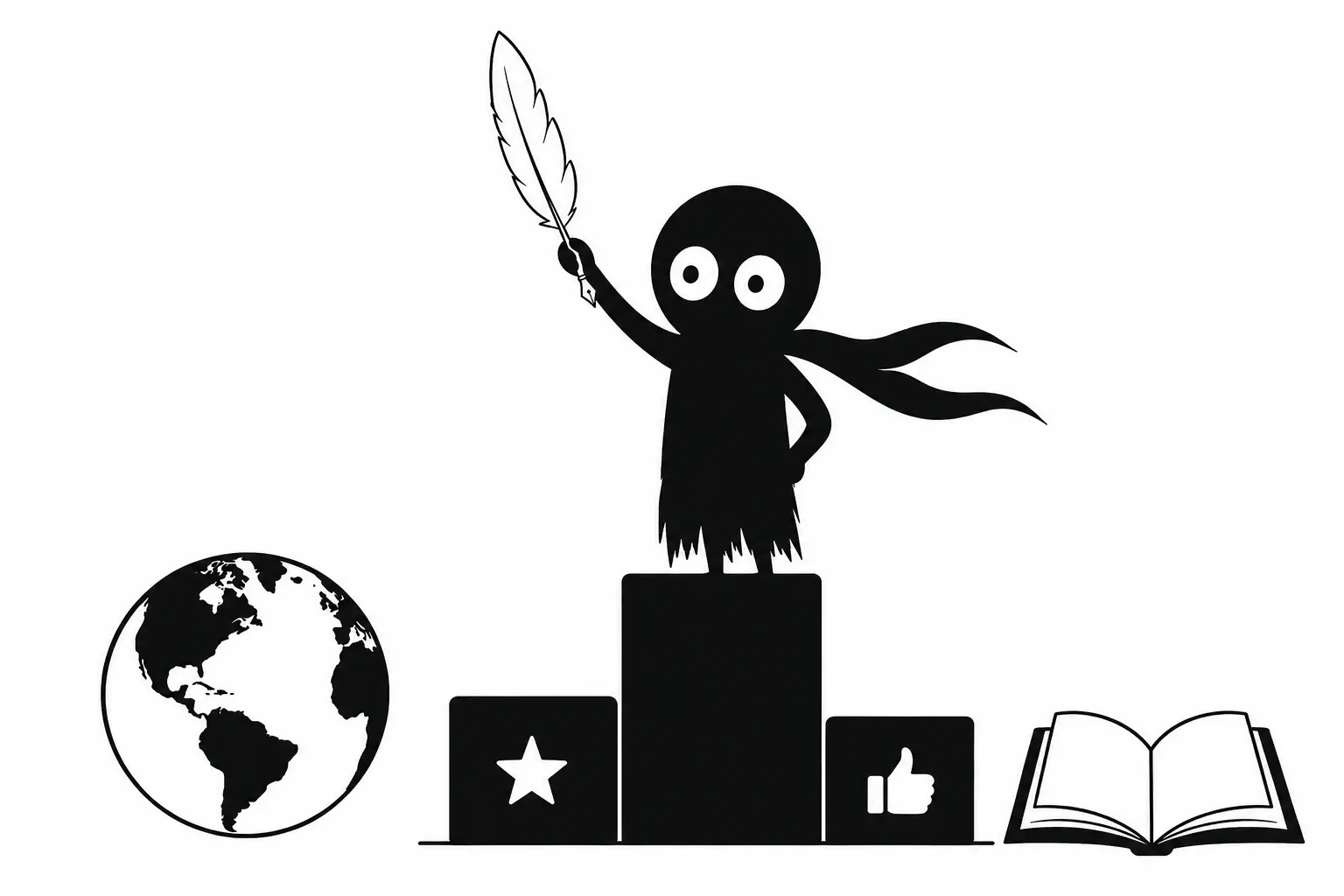 Kiro observe le monde littéraire depuis un podium symbolique avec une plume à la main, illustrant la visibilité numérique et l’autorité d’un romancier sur Wikipédia