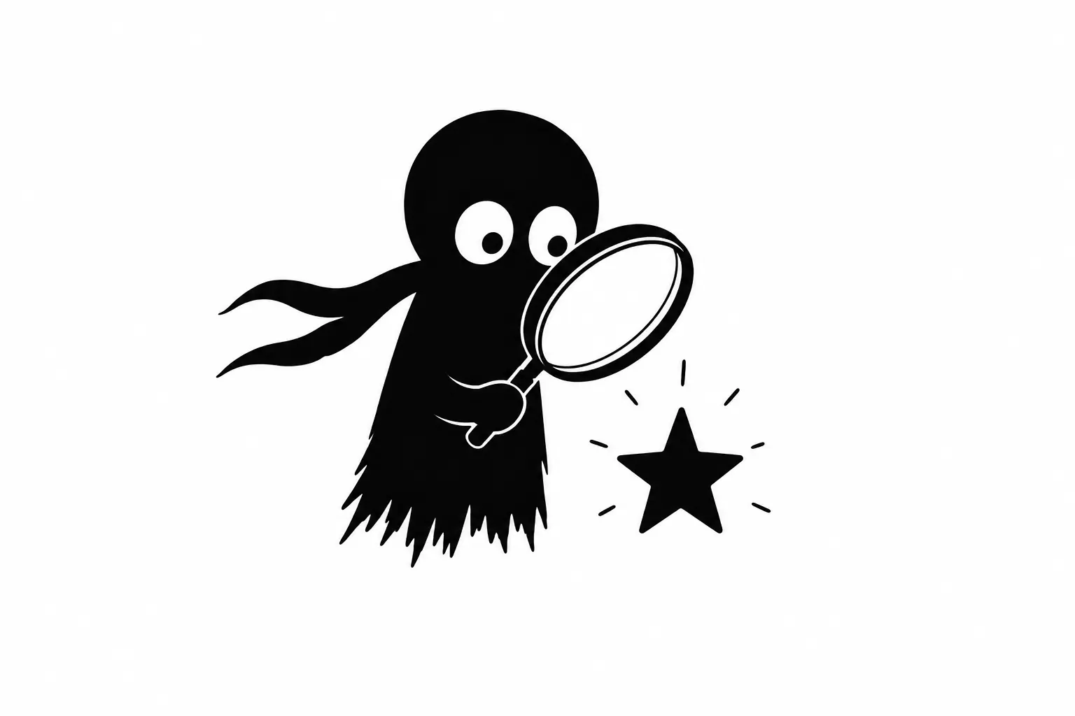 Kiro observe une étoile avec une loupe dans une illustration minimaliste noire sur fond blanc symbolisant la vigilance et le suivi attentif