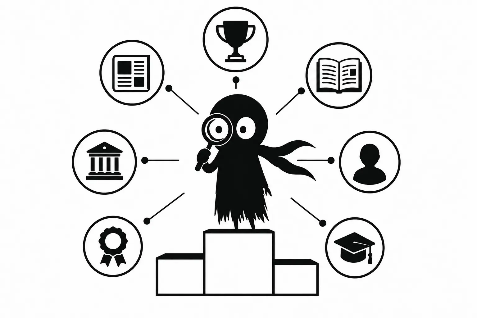Kiro analyse les critères de notoriété littéraire avec une loupe entouré de symboles représentant les prix, les médias et la reconnaissance institutionnelle