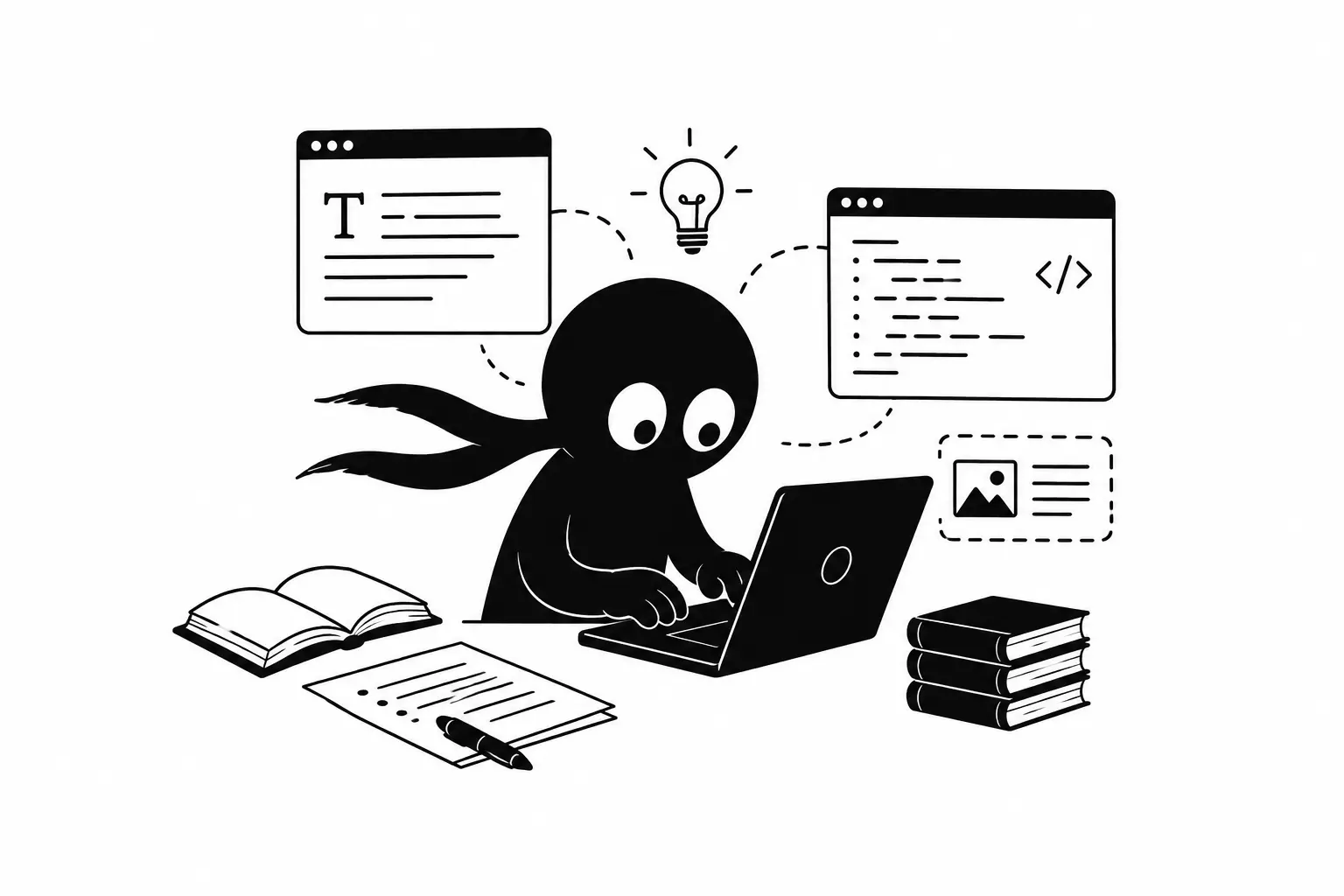 Kiro rédige un brouillon Wikipédia dans son espace Sandbox avec des notes, des livres et un ordinateur sur fond blanc