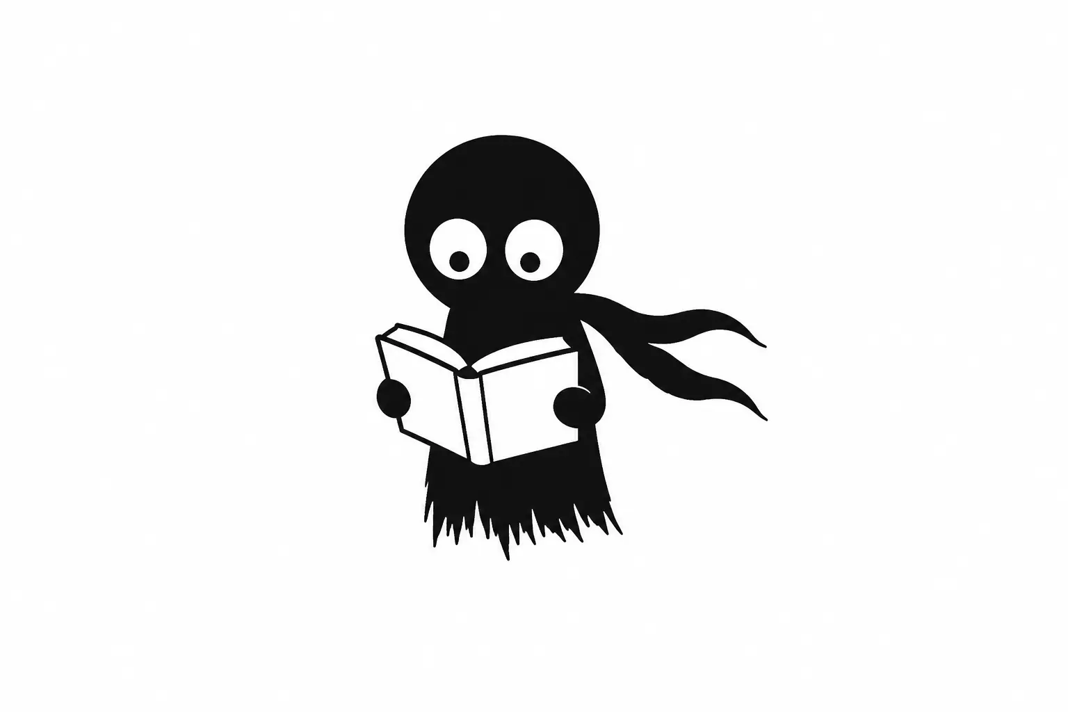 Kiro lit un livre avec attention dans un style minimaliste noir et blanc sur fond blanc