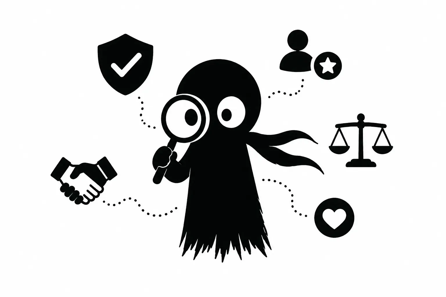 Kiro observe les liens d’intérêts et les symboles de transparence avec une loupe dans une illustration minimaliste en noir et blanc