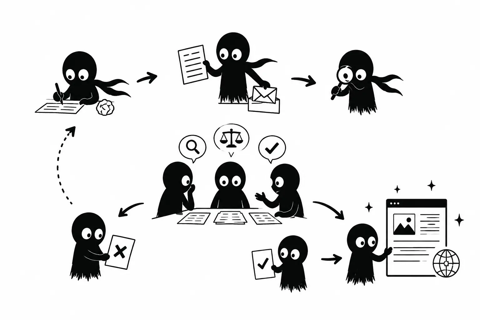 Kiro traverse les étapes de rédaction, de relecture et de validation avant la publication d’un article dans une illustration minimaliste en noir et blanc