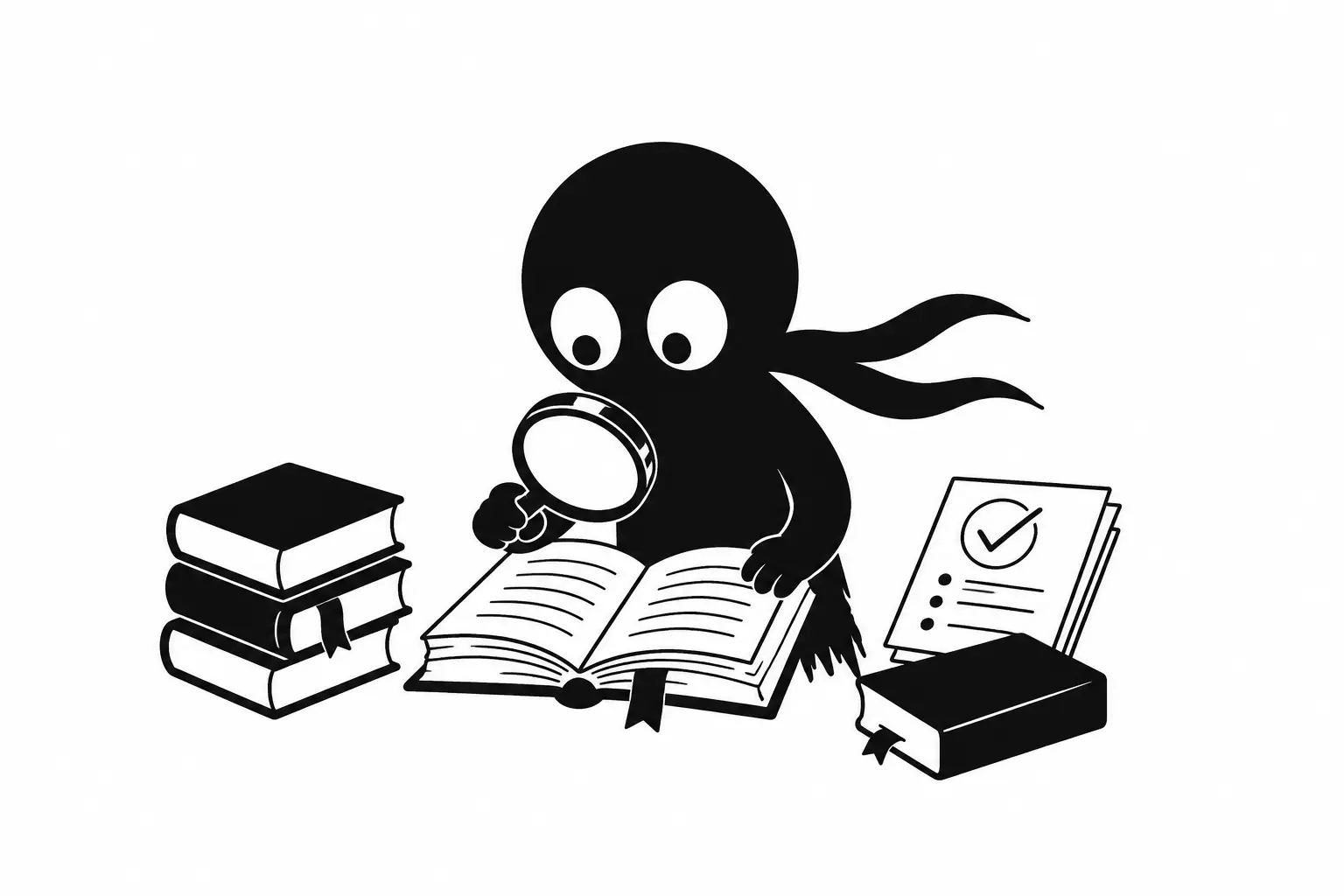 Kiro vérifie des références littéraires avec une loupe et un livre ouvert sur fond blanc