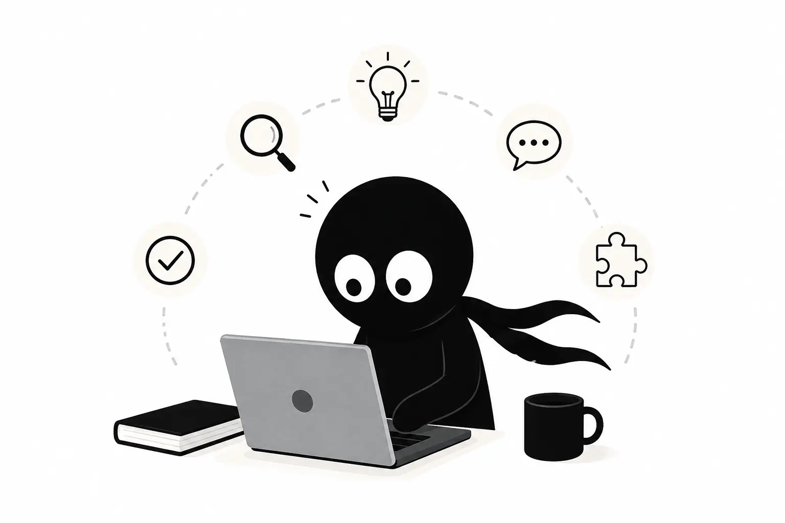 Kiro travaille sur un ordinateur portable entouré d’icônes représentant la correction, l’analyse et l’inspiration rédactionnelle.