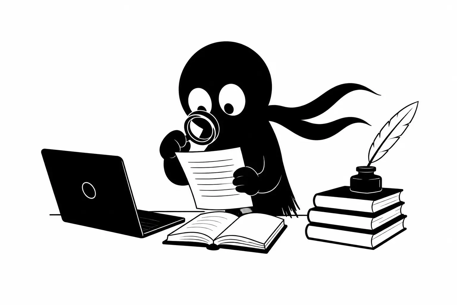 Kiro analyse un manuscrit avec une loupe, entouré d’un ordinateur portable et de livres, sur fond blanc minimaliste