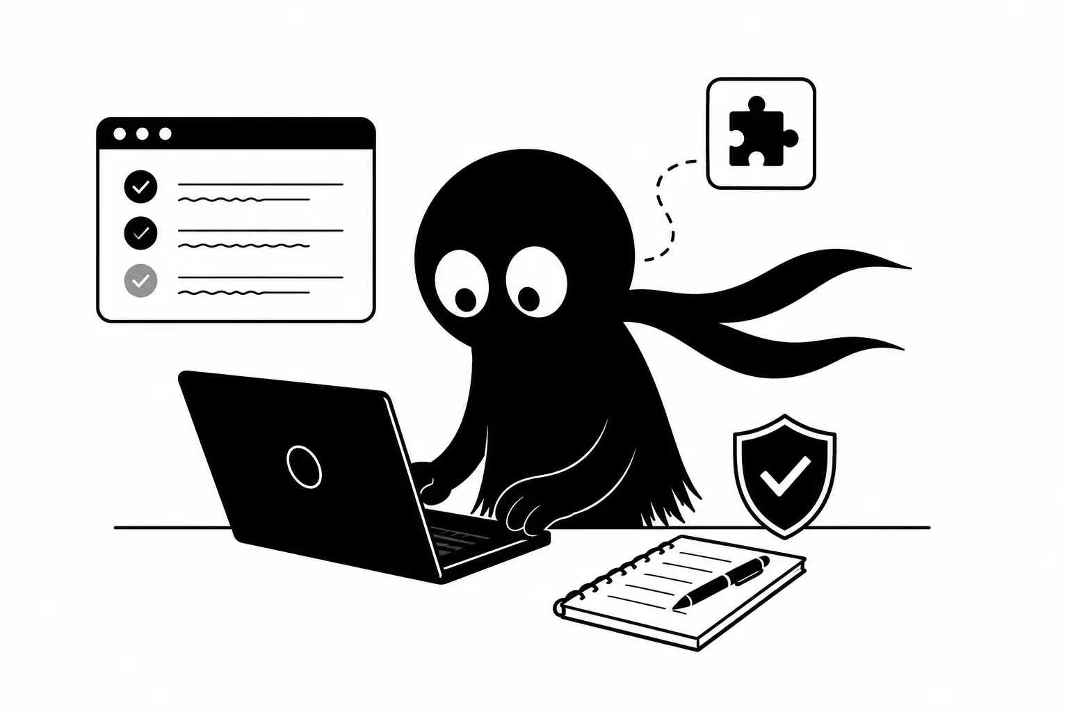 Kiro rédige sur un ordinateur portable avec des éléments de correction en ligne et de sécurité autour de lui