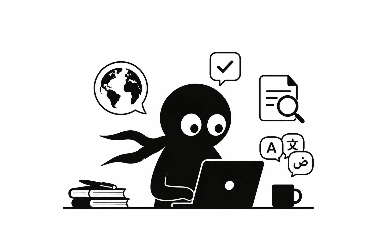 Kiro corrige un texte sur ordinateur avec des symboles multilingues et des indicateurs de validation autour de lui