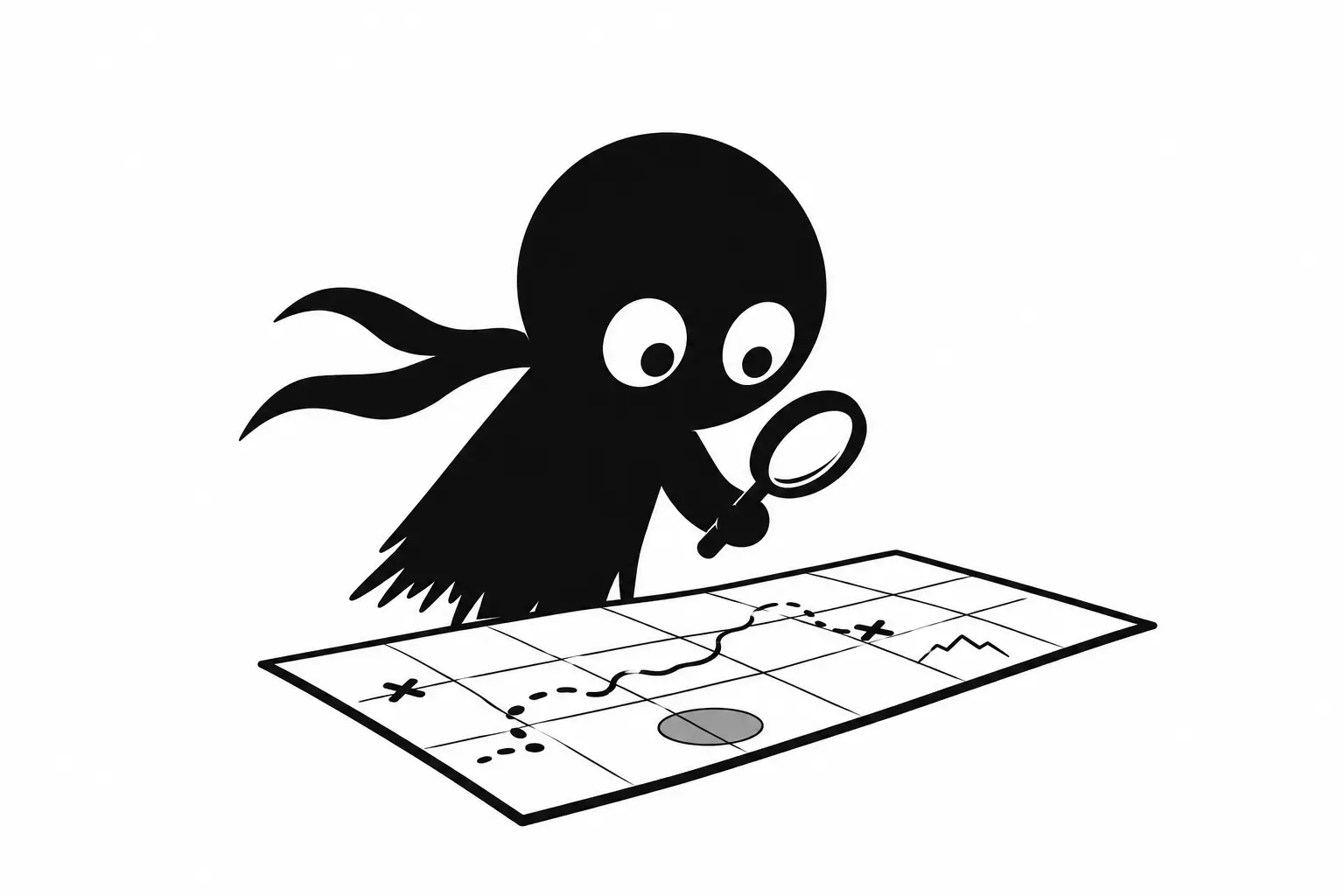 Kiro observe une grille narrative avec une loupe pour analyser la structure globale d’un récit