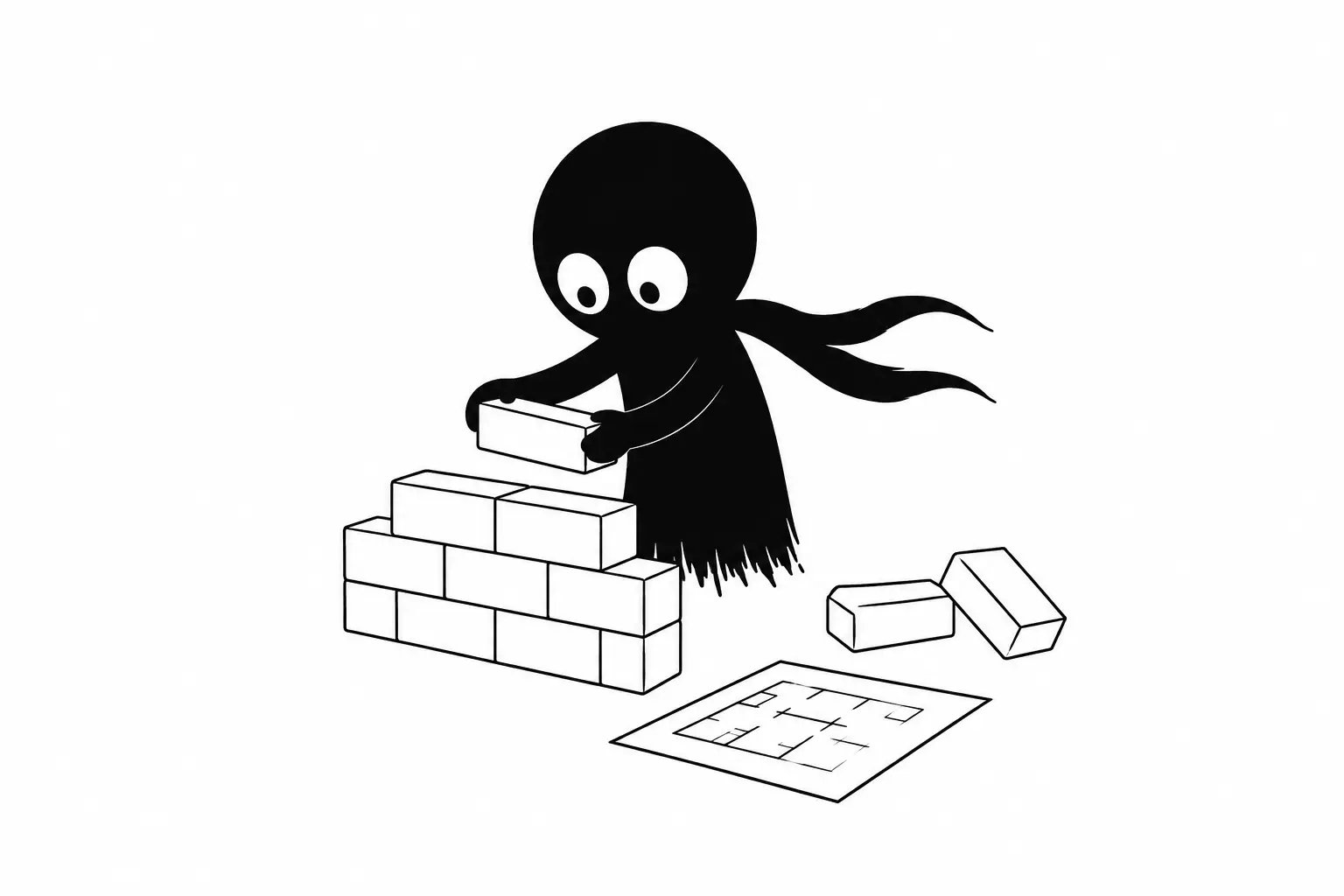 Kiro construit un mur de briques en suivant un plan au sol, illustrant la structuration d’un récit et la construction narrative.