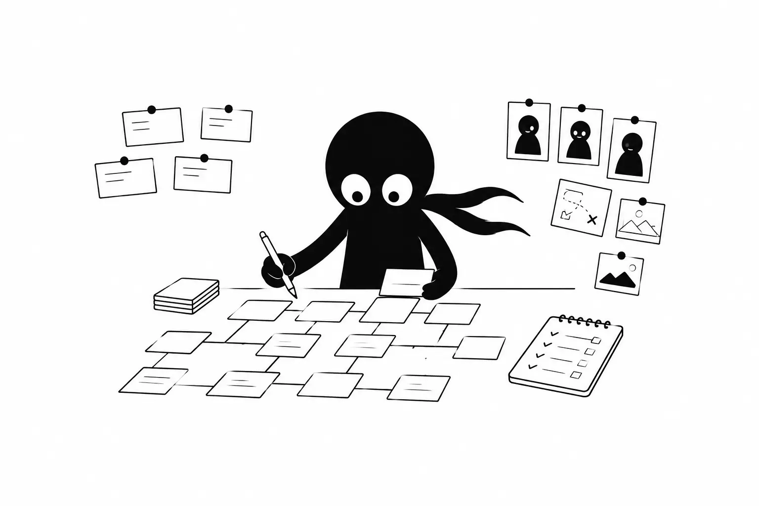 Kiro organise des fiches de scènes sur un tableau, reliant personnages et éléments pour structurer un récit.