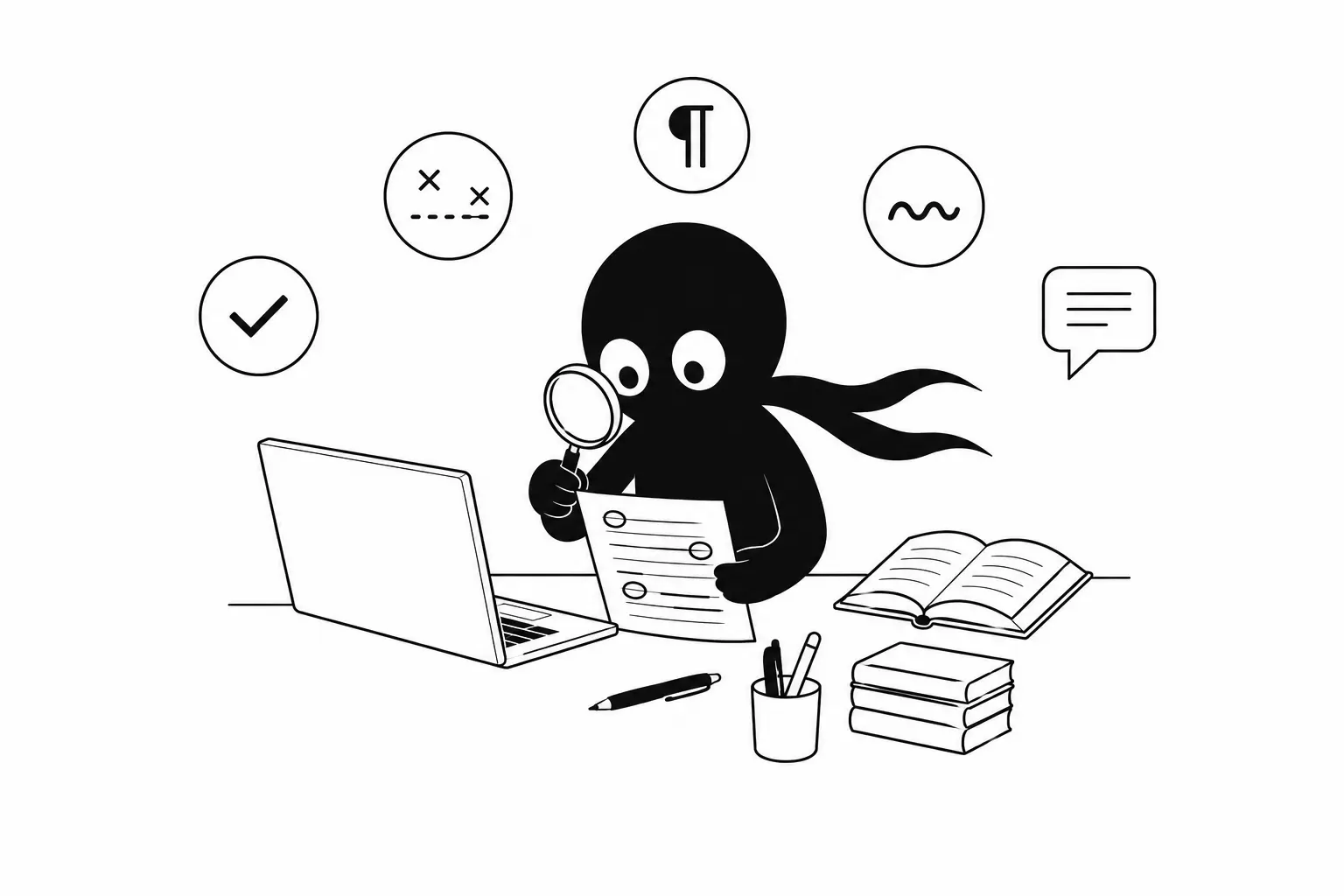 Kiro relit un document avec une loupe et corrige le texte sur ordinateur pour améliorer le style et la qualité rédactionnelle.