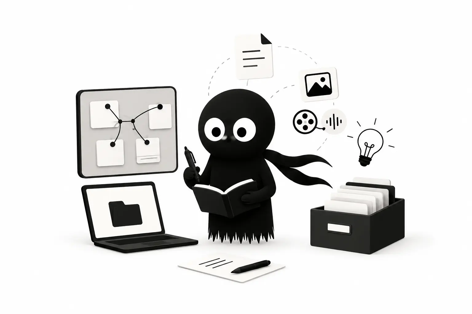 Illustration minimaliste en noir et blanc d’un personnage créatif organisant un projet d’écriture avec notes, dossiers, idées et outils numériques inspirés de Scrivener.