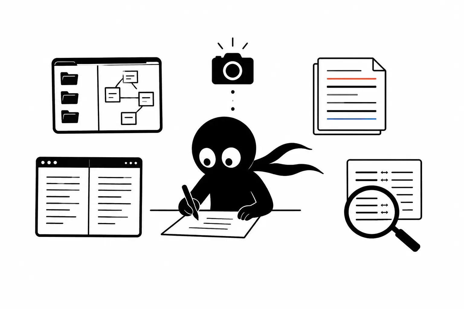 Illustration minimaliste de Kiro révisant un manuscrit avec outils d’édition, écran scindé, instantanés et comparaison de documents sur fond blanc.