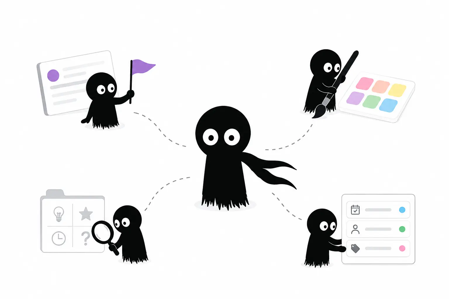 Illustration minimaliste de Kiro organisant des scènes avec statuts, étiquettes, icônes et métadonnées dans une interface créative sur fond blanc.