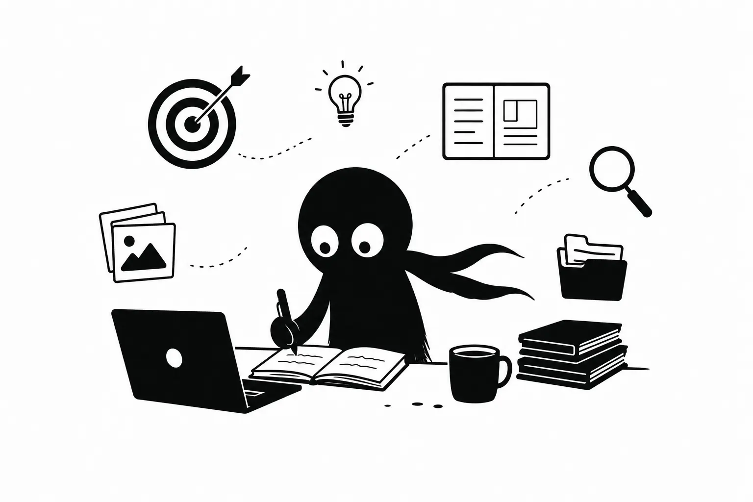 Illustration minimaliste de Kiro en mode écriture immersive utilisant des outils de productivité et de création littéraire sur fond blanc.