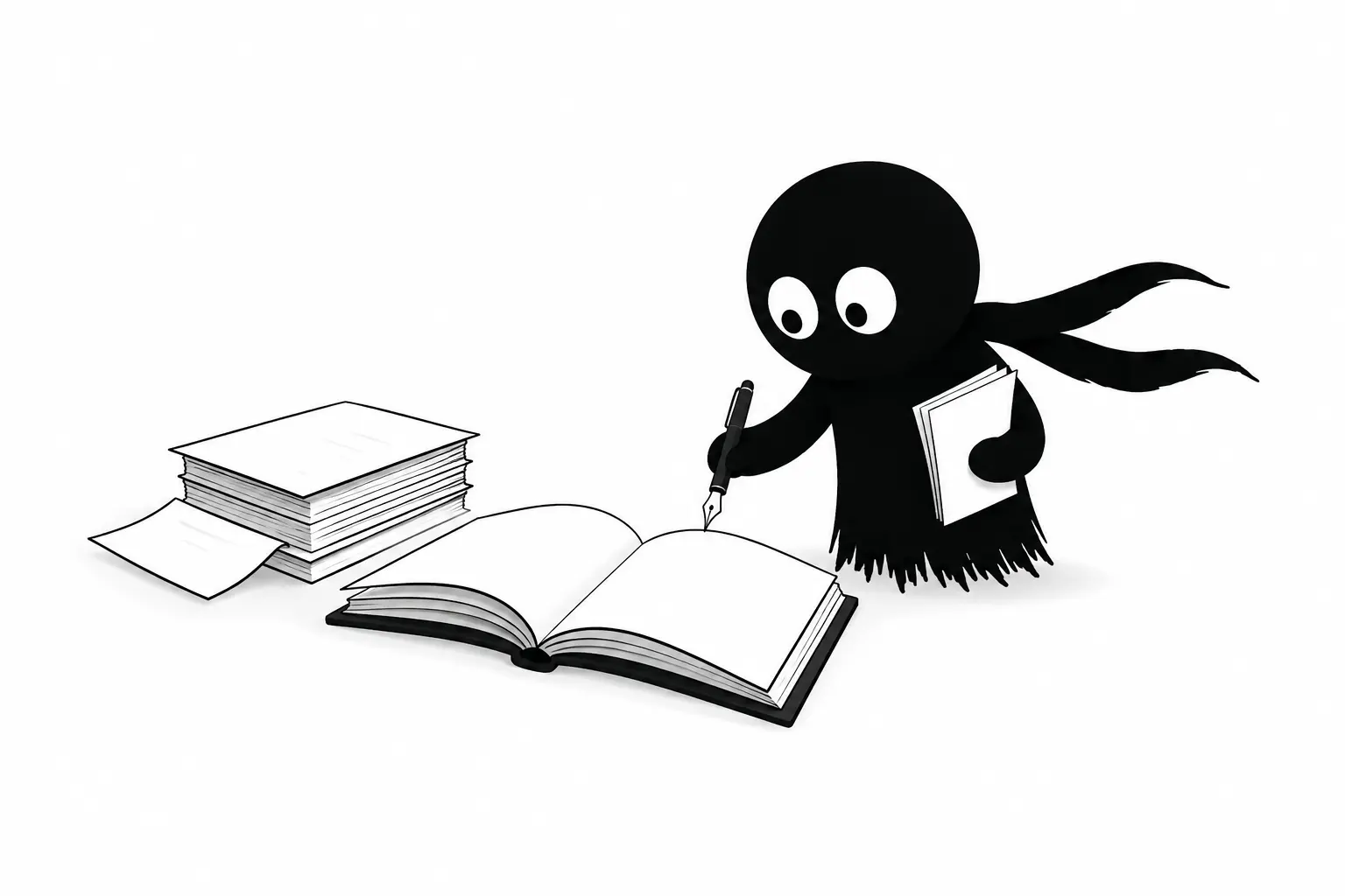 Illustration minimaliste en noir et blanc d’un personnage Kiro compilant un manuscrit avec un livre ouvert, des feuilles et un stylo sur fond blanc.