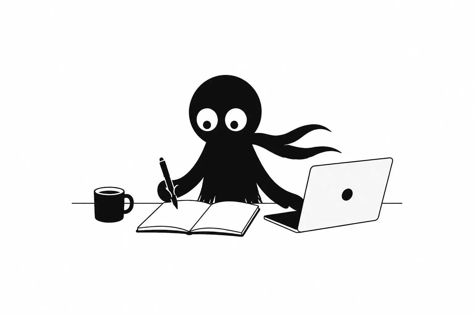 Illustration minimaliste en noir et blanc de Kiro écrivant dans un carnet devant un ordinateur portable, représentant le démarrage d’un projet d’écriture structuré dans Scrivener.