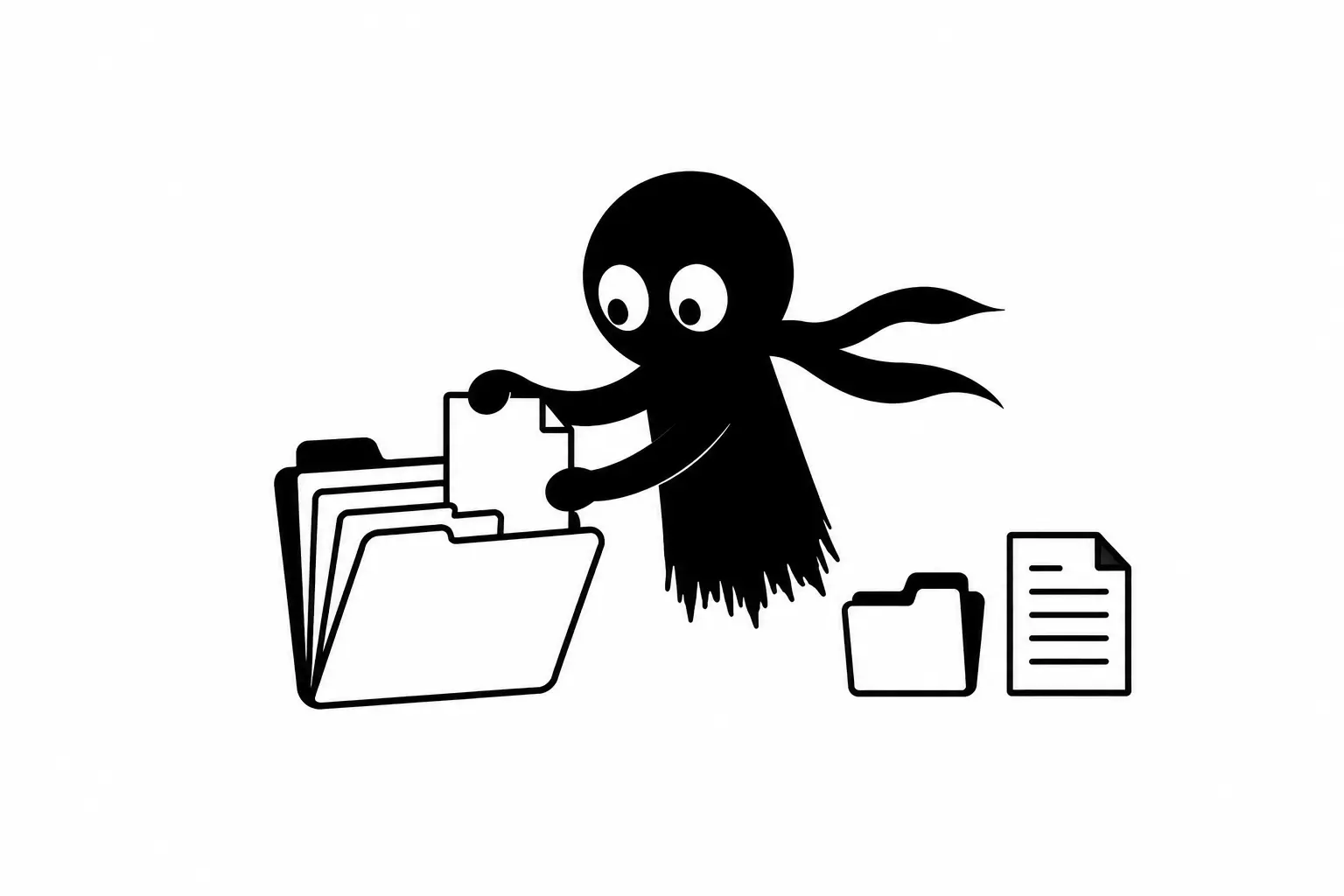 Illustration minimaliste en noir et blanc d’un personnage de style Kiro organisant des dossiers et documents dans un classeur numérique, symbole de la structure et de l’organisation d’un projet d’écriture.