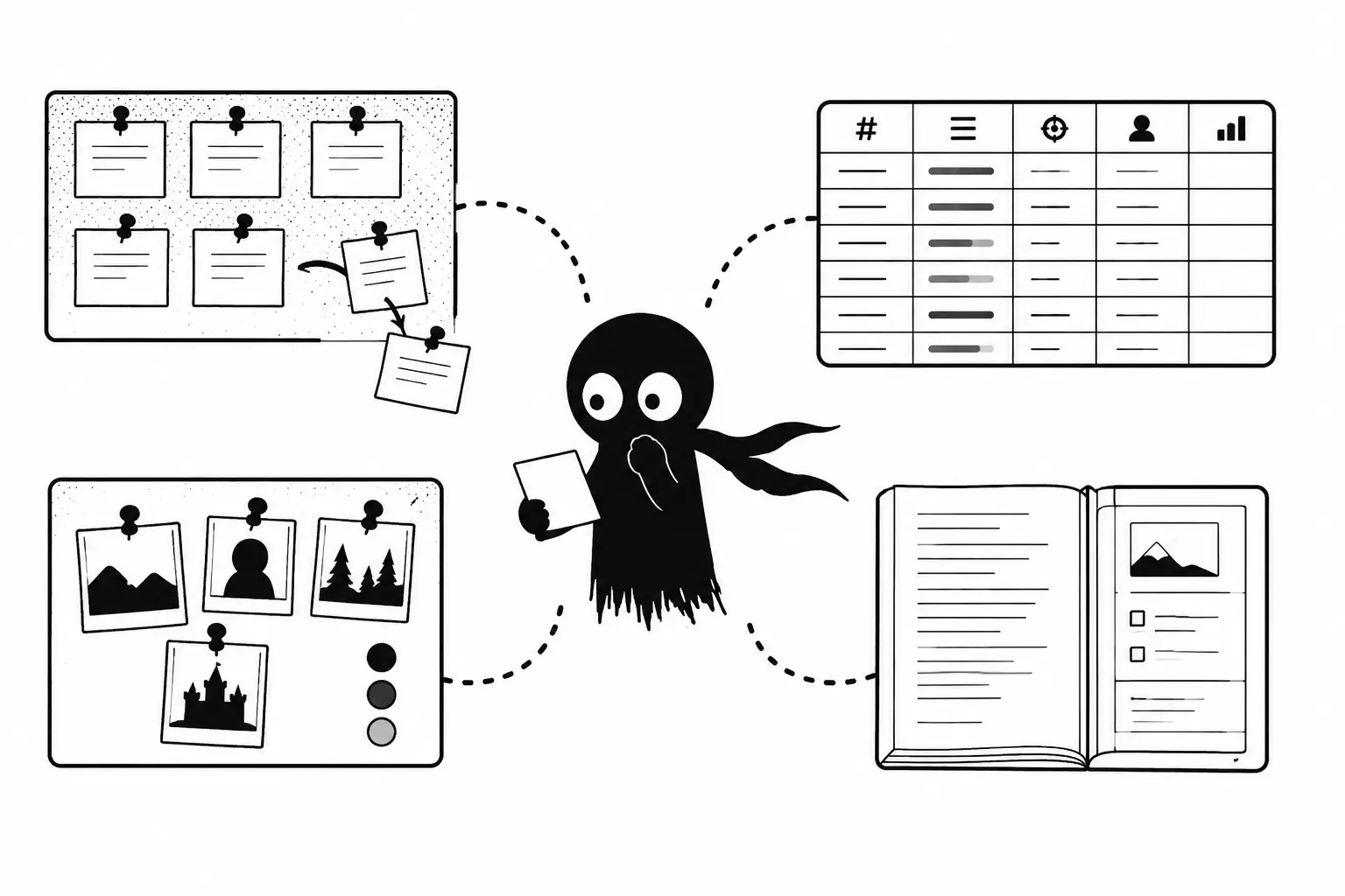 Illustration minimaliste noir et blanc d’un personnage de style Kiro entouré de tableaux d’organisation visuelle représentant un corkboard, un outliner, un mood board et un manuscrit ouvert.