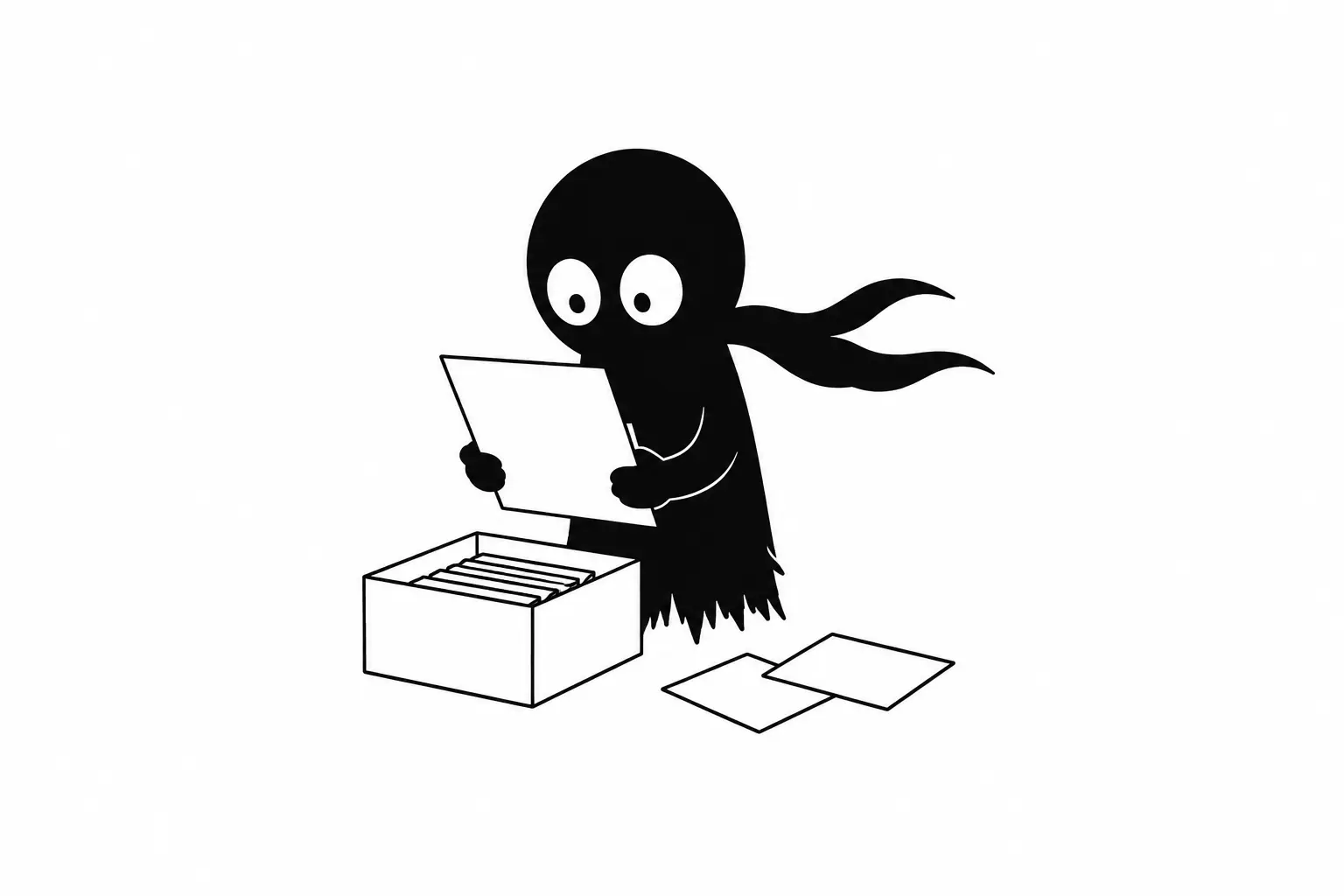 Illustration minimaliste de Kiro organisant des fiches de personnages et documents créatifs dans une boîte d’archives sur fond blanc.