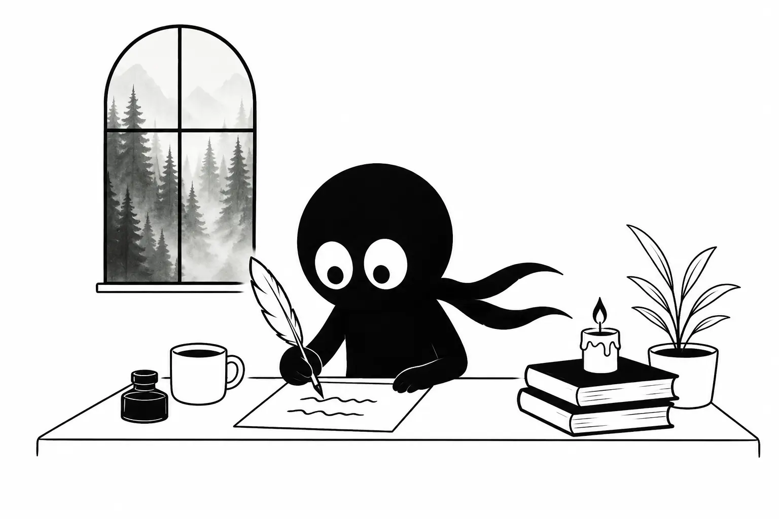 Illustration minimaliste en noir et blanc d’un personnage Kiro écrivant à son bureau dans un espace calme et immersif, avec une fenêtre donnant sur une forêt brumeuse.