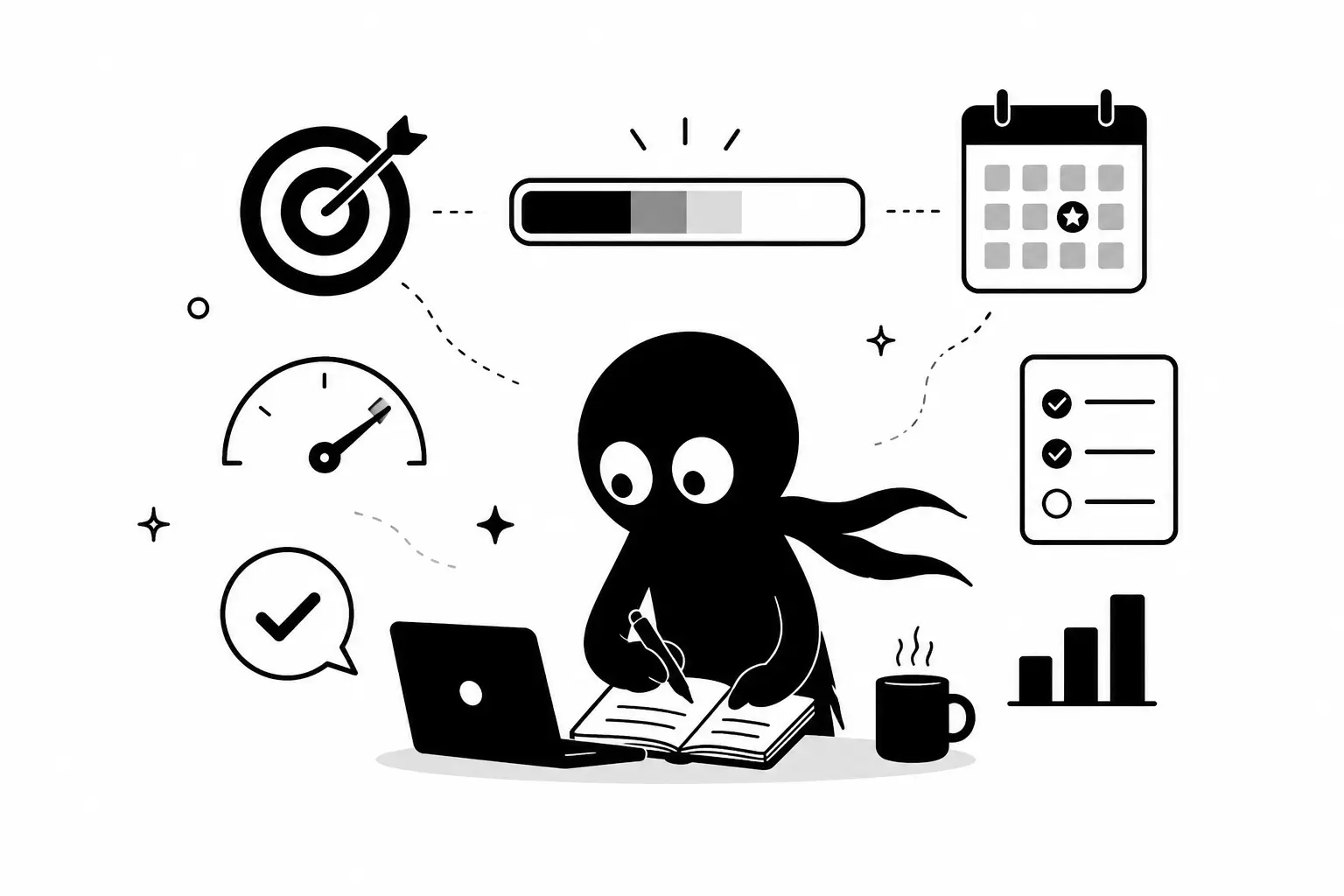 Illustration minimaliste en noir et blanc d’un personnage Kiro écrivant devant un ordinateur avec des objectifs, barres de progression et icônes de productivité autour de lui sur fond blanc.