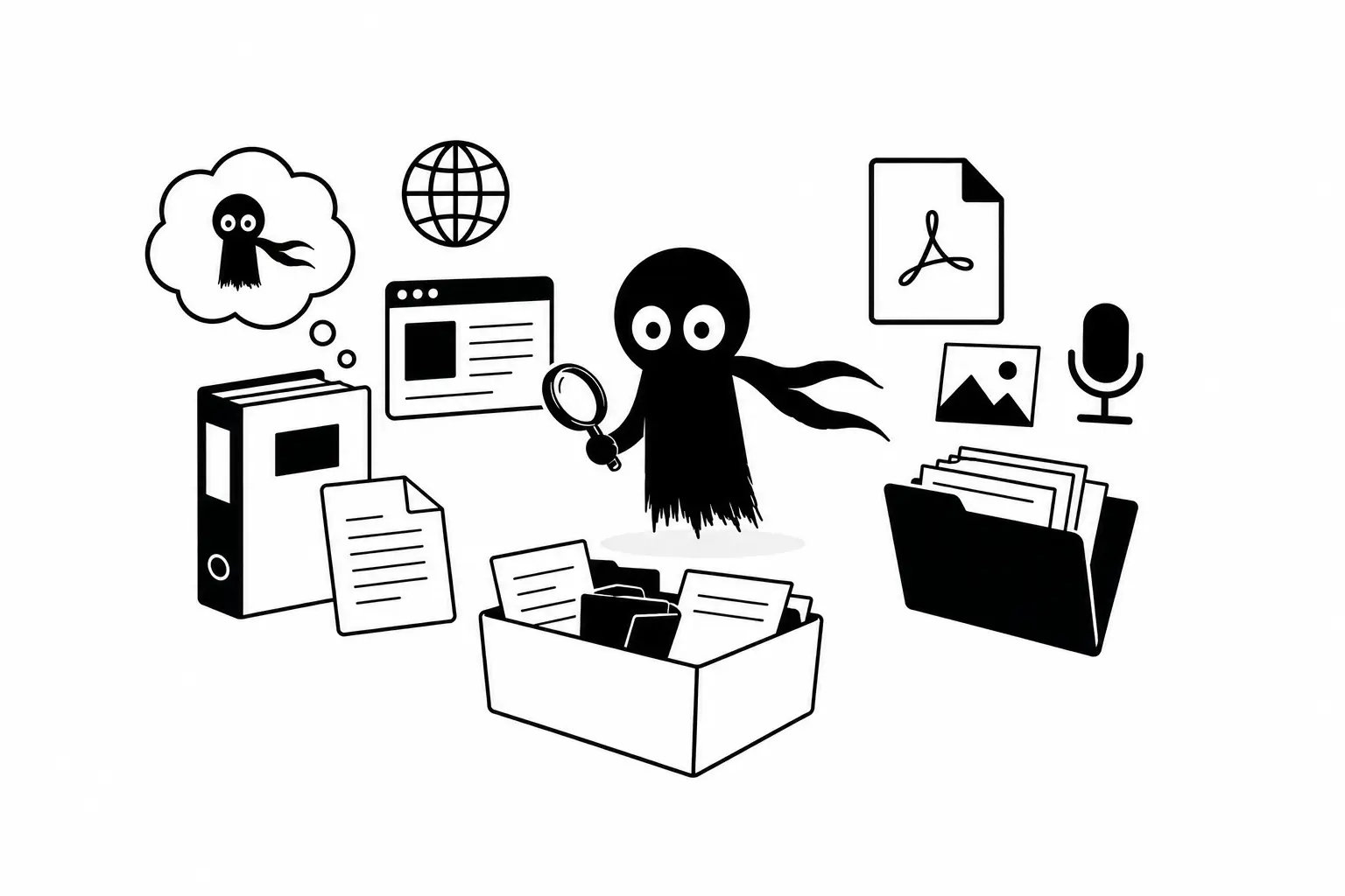 Illustration minimaliste en noir et blanc de Kiro organisant des documents de recherche, fichiers PDF, images et notes dans une bibliothèque numérique sur fond blanc.