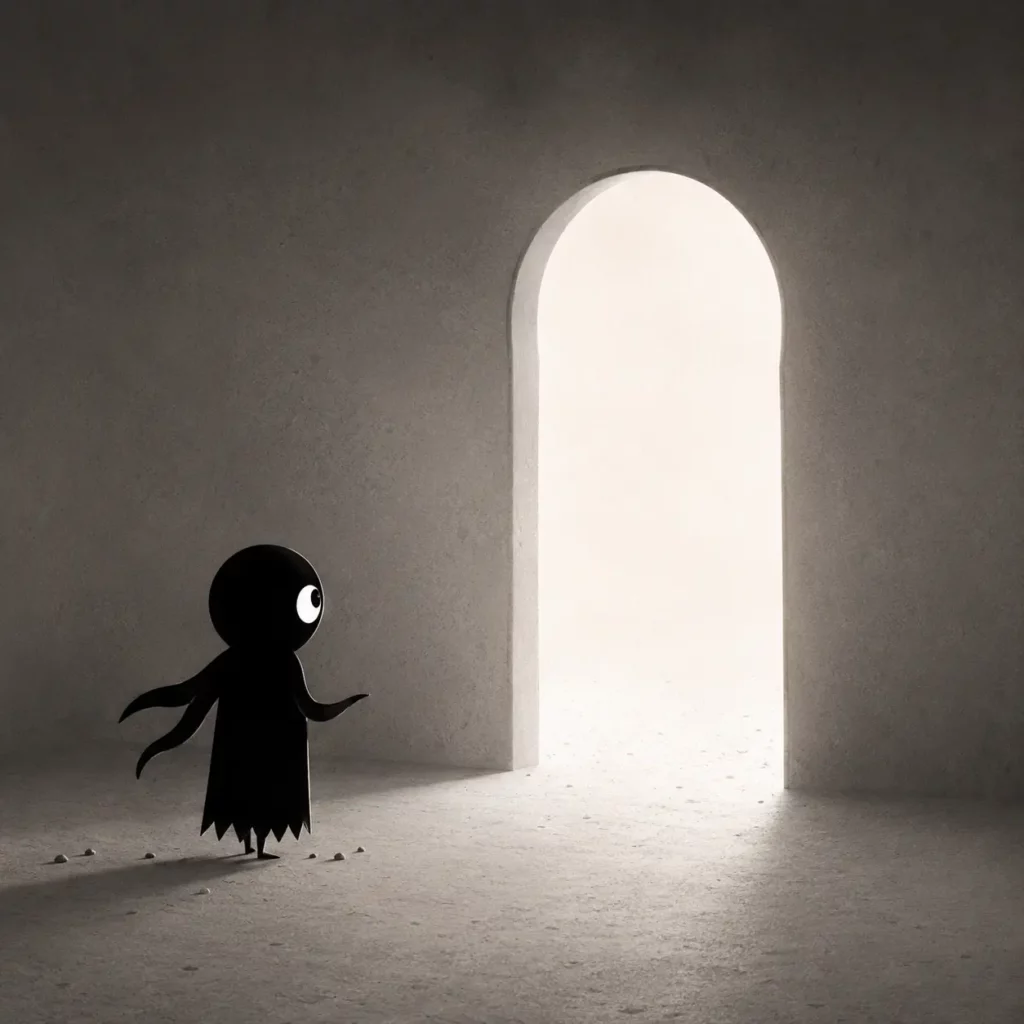KIRO découvre une grande ouverture lumineuse dans un environnement sombre et minimaliste.