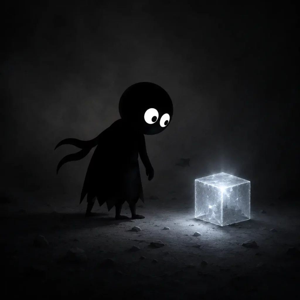 KIRO observe un cube lumineux mystérieux dans un environnement sombre.