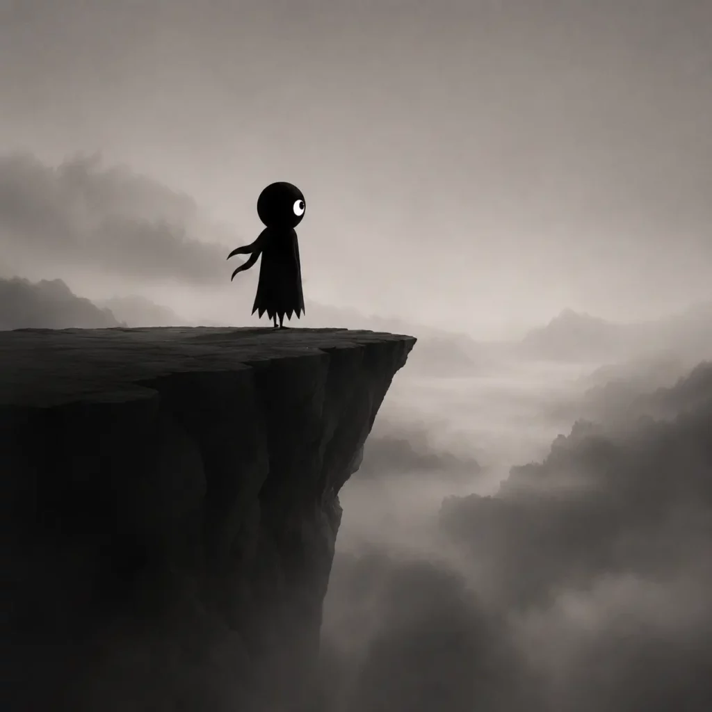 KIRO debout au bord d’une falaise au-dessus d’un immense vide brumeux.